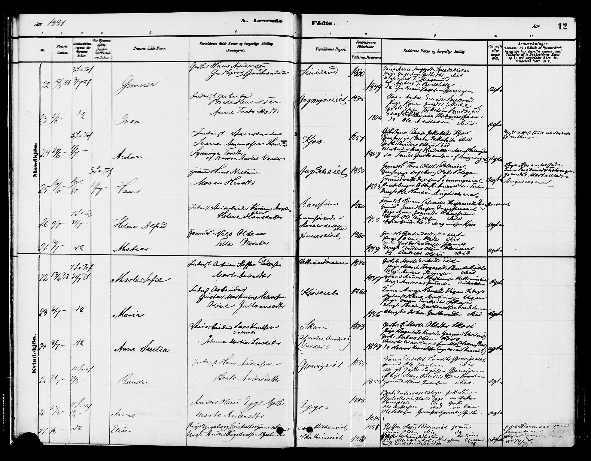 Gran prestekontor, AV/SAH-PREST-112/H/Ha/Haa/L0015: Parish register (official) no. 15, 1880-1888, p. 12