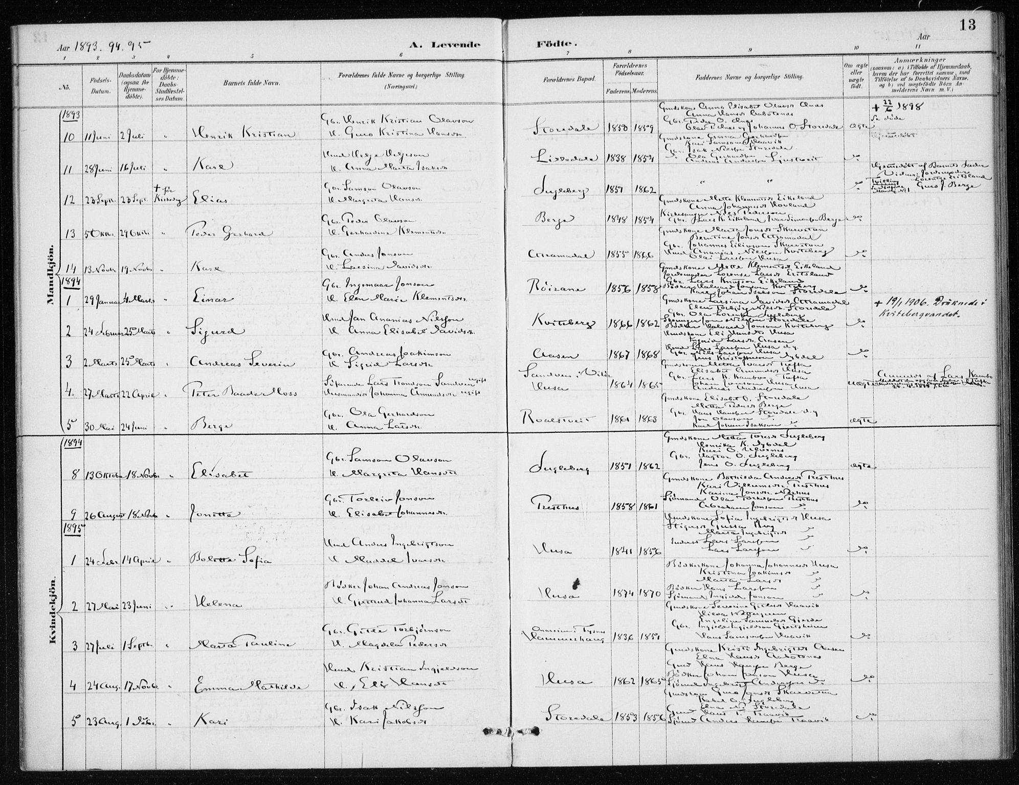 Kvinnherad sokneprestembete, SAB/A-76401/H/Haa: Parish register (official) no. E 1, 1887-1912, p. 13