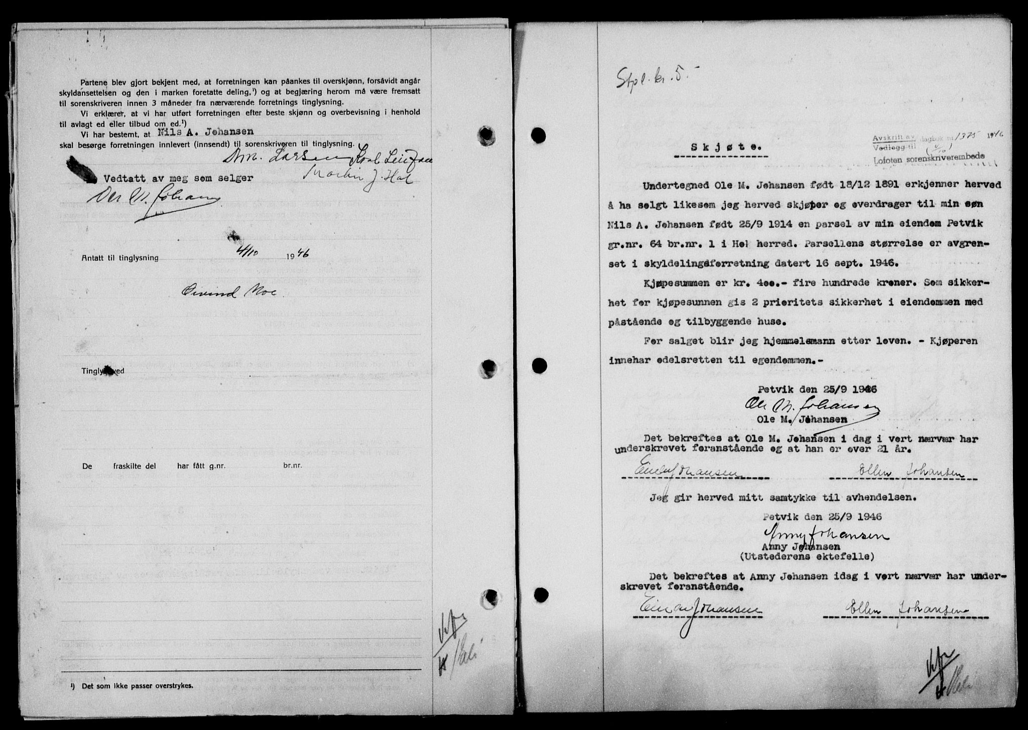 Lofoten sorenskriveri, SAT/A-0017/1/2/2C/L0014a: Mortgage book no. 14a, 1946-1946, Diary no: : 1375/1946