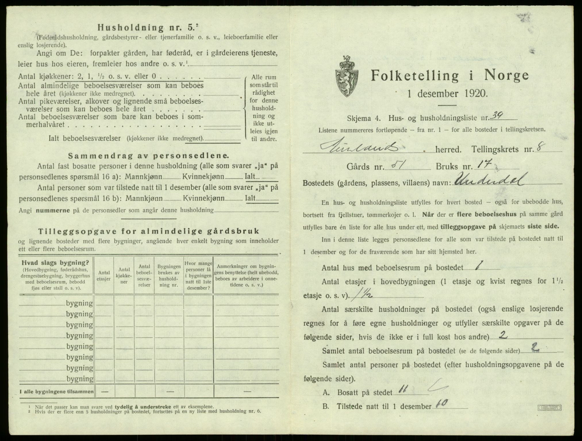 SAB, 1920 census for Aurland, 1920, p. 666