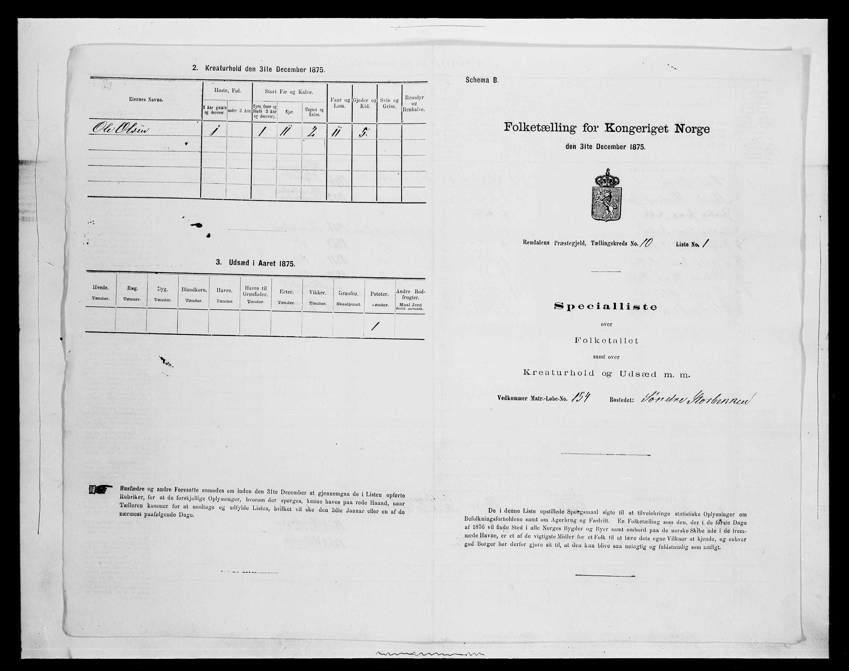 SAH, 1875 census for 0432P Rendalen, 1875, p. 925