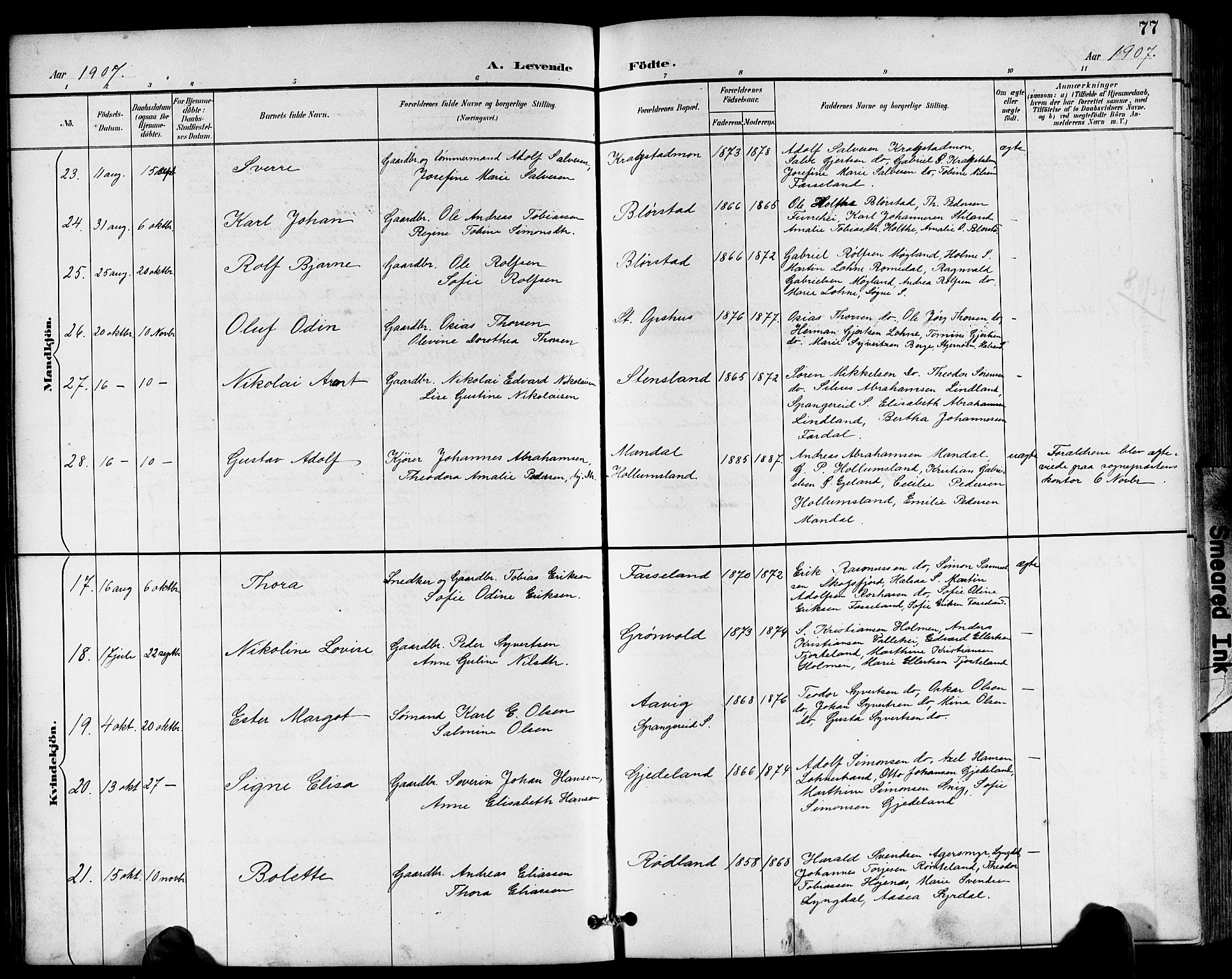 Sør-Audnedal sokneprestkontor, AV/SAK-1111-0039/F/Fb/Fbb/L0006: Parish register (copy) no. B 6, 1893-1915, p. 77