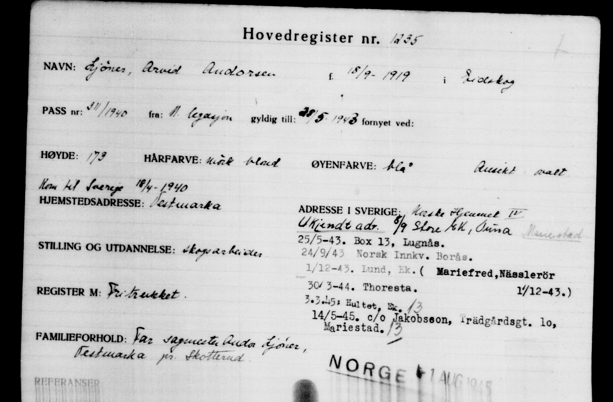 Den Kgl. Norske Legasjons Flyktningskontor, RA/S-6753/V/Va/L0002: Kjesäterkartoteket.  Flyktningenr. 1001-2000, 1940-1945, p. 352