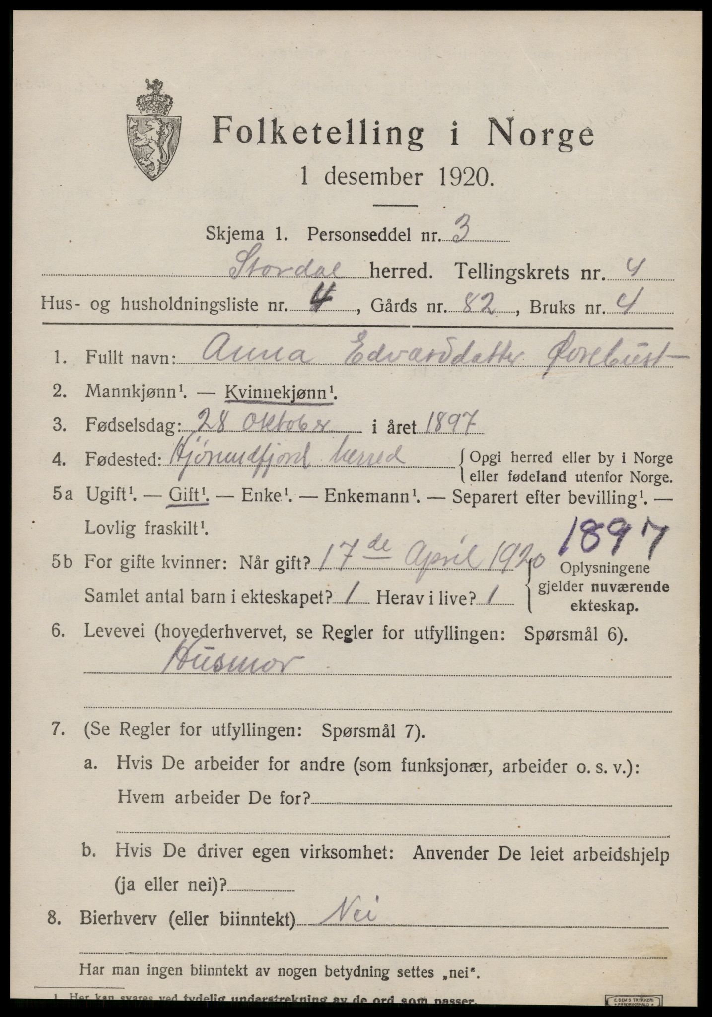 SAT, 1920 census for Stordal, 1920, p. 1270