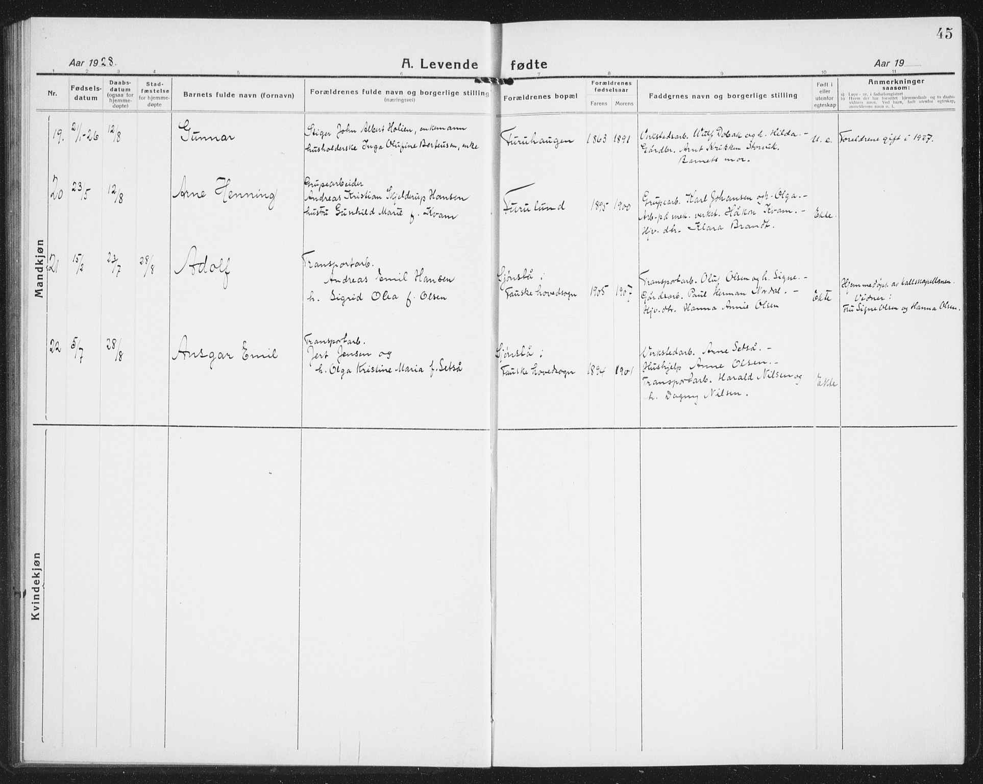 Ministerialprotokoller, klokkerbøker og fødselsregistre - Nordland, AV/SAT-A-1459/850/L0718: Parish register (copy) no. 850C02, 1921-1941, p. 45