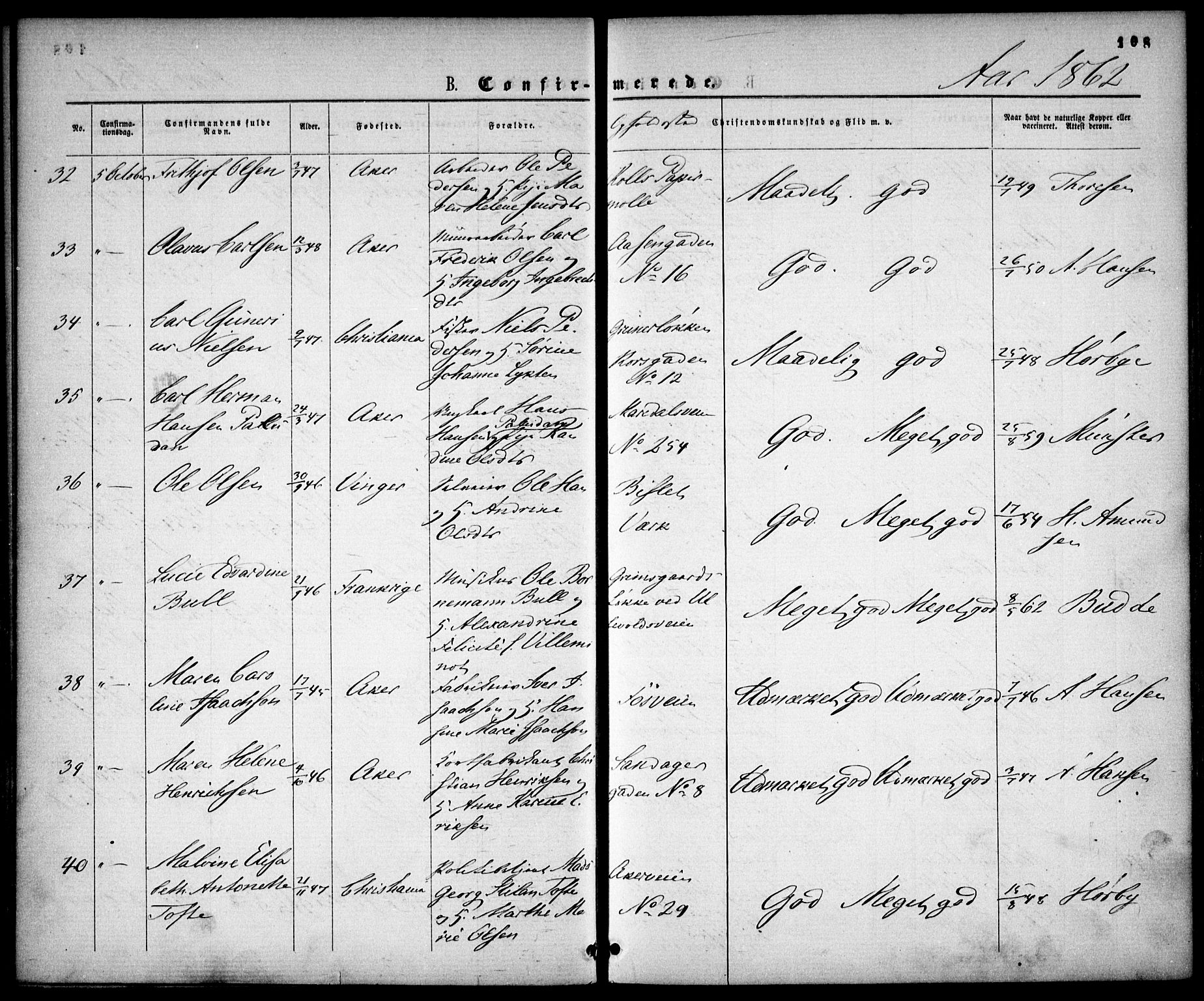 Gamle Aker prestekontor Kirkebøker, AV/SAO-A-10617a/F/L0001: Parish register (official) no. 1, 1861-1865, p. 108