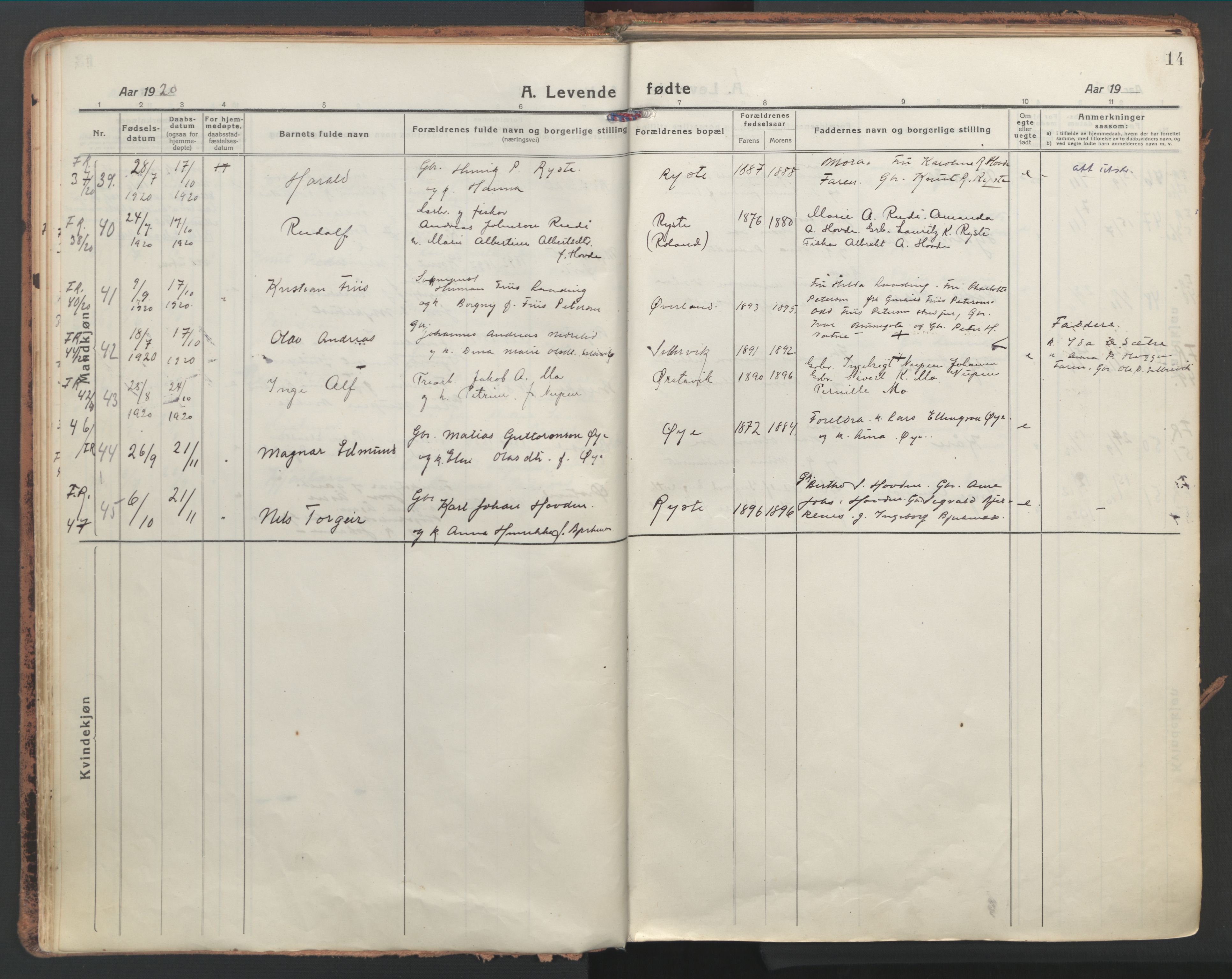 Ministerialprotokoller, klokkerbøker og fødselsregistre - Møre og Romsdal, SAT/A-1454/513/L0180: Parish register (official) no. 513A07, 1919-1929, p. 14