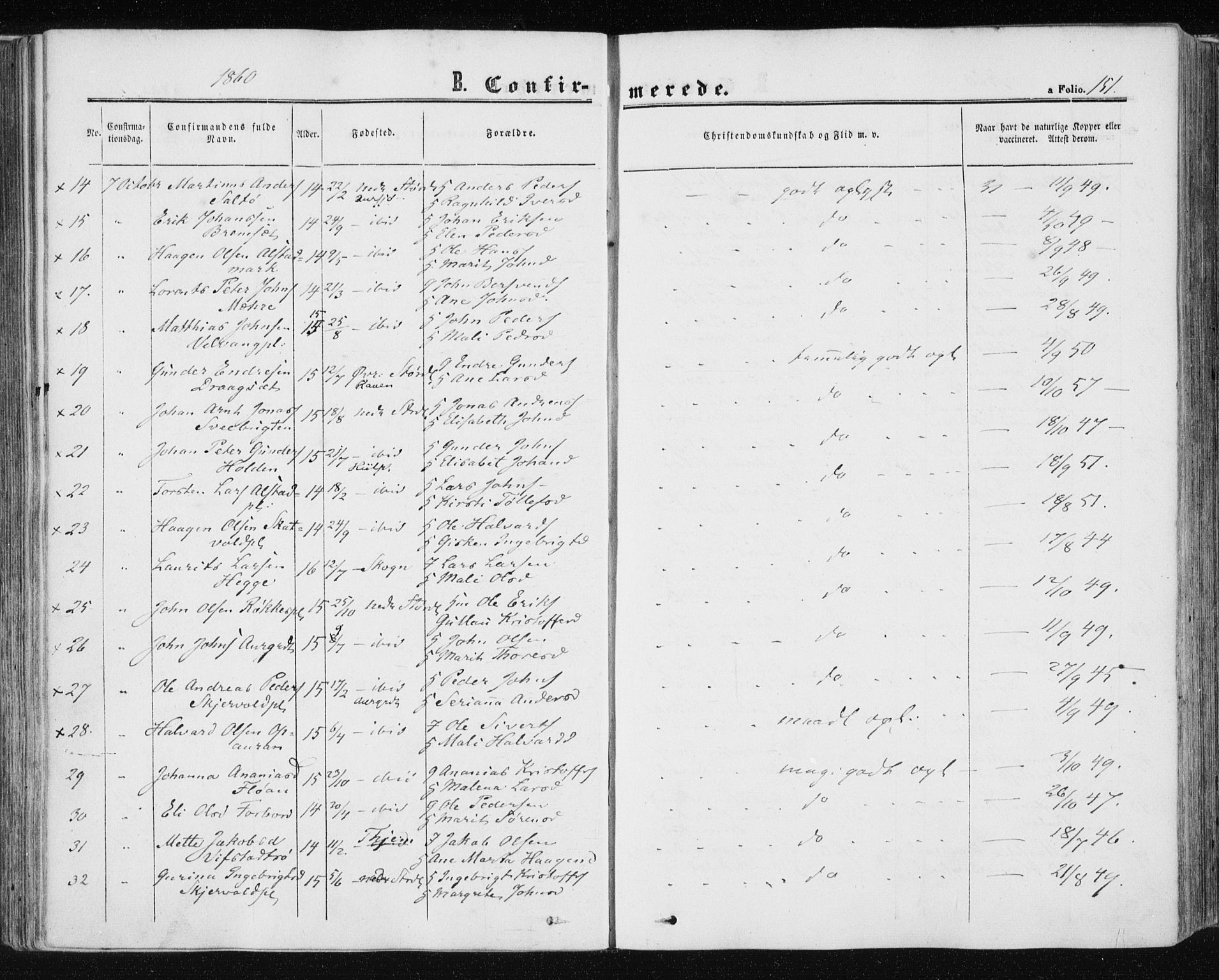 Ministerialprotokoller, klokkerbøker og fødselsregistre - Nord-Trøndelag, AV/SAT-A-1458/709/L0075: Parish register (official) no. 709A15, 1859-1870, p. 151