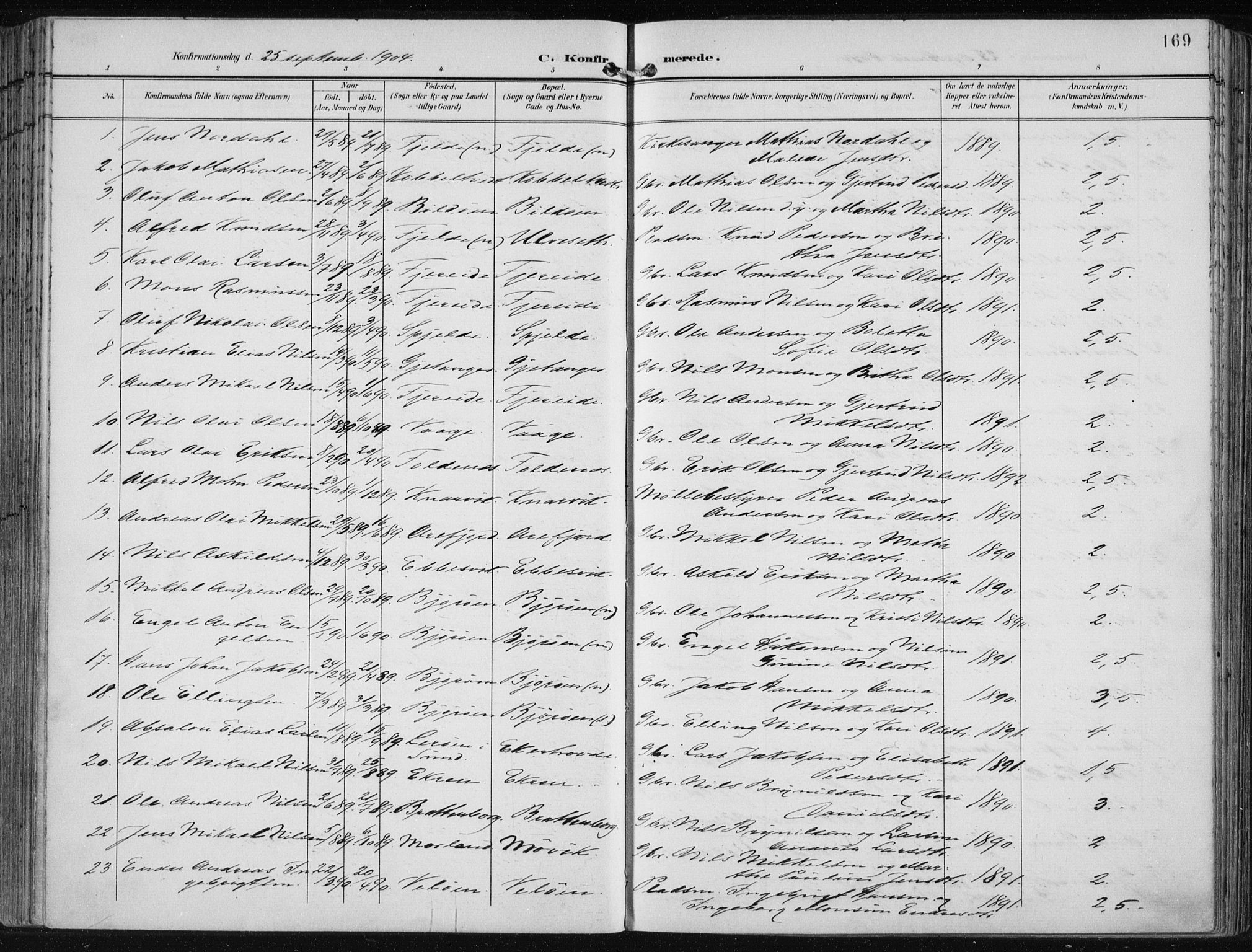 Fjell sokneprestembete, SAB/A-75301/H/Haa: Parish register (official) no. A  9, 1899-1910, p. 169