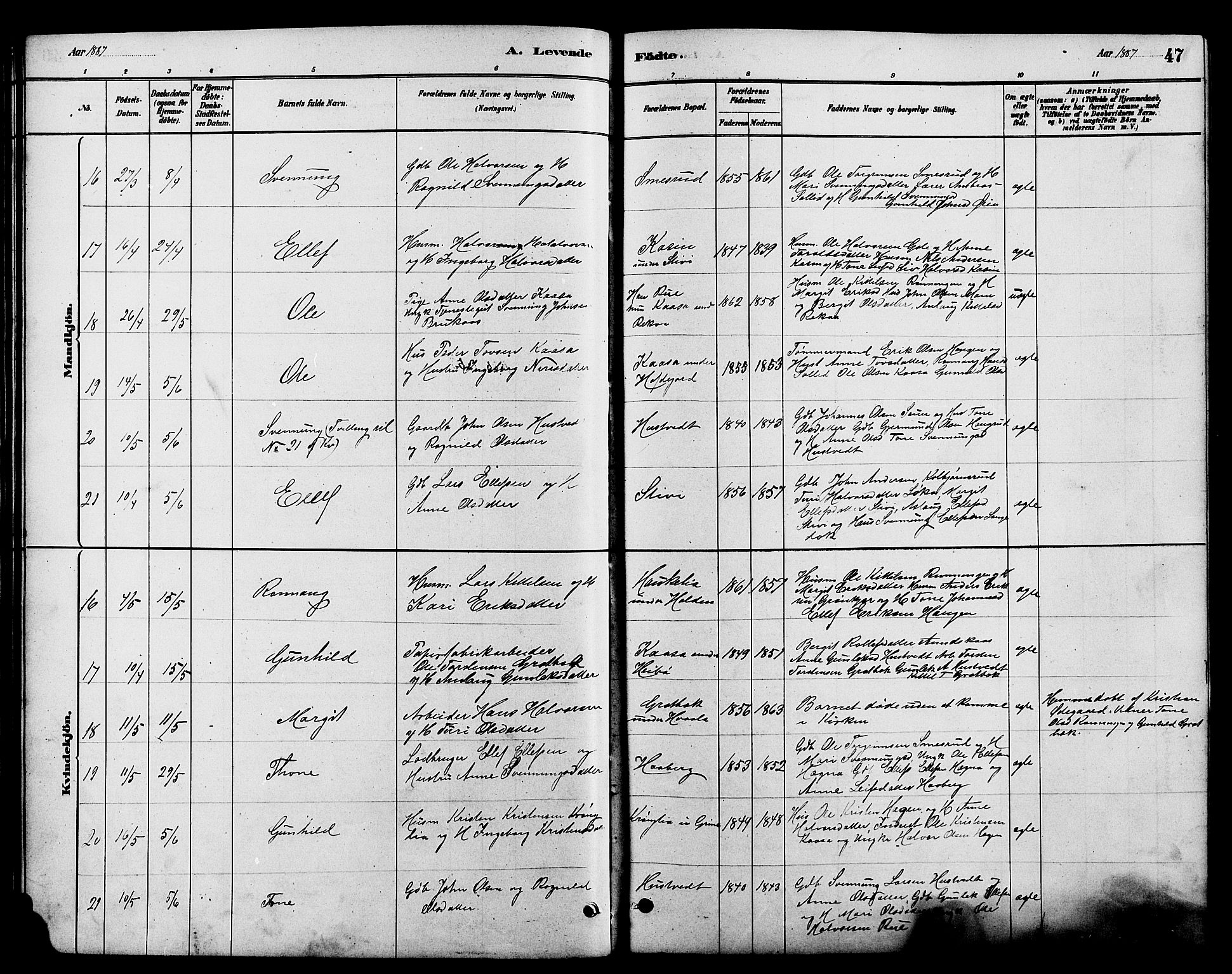 Heddal kirkebøker, SAKO/A-268/G/Ga/L0002: Parish register (copy) no. I 2, 1879-1908, p. 47