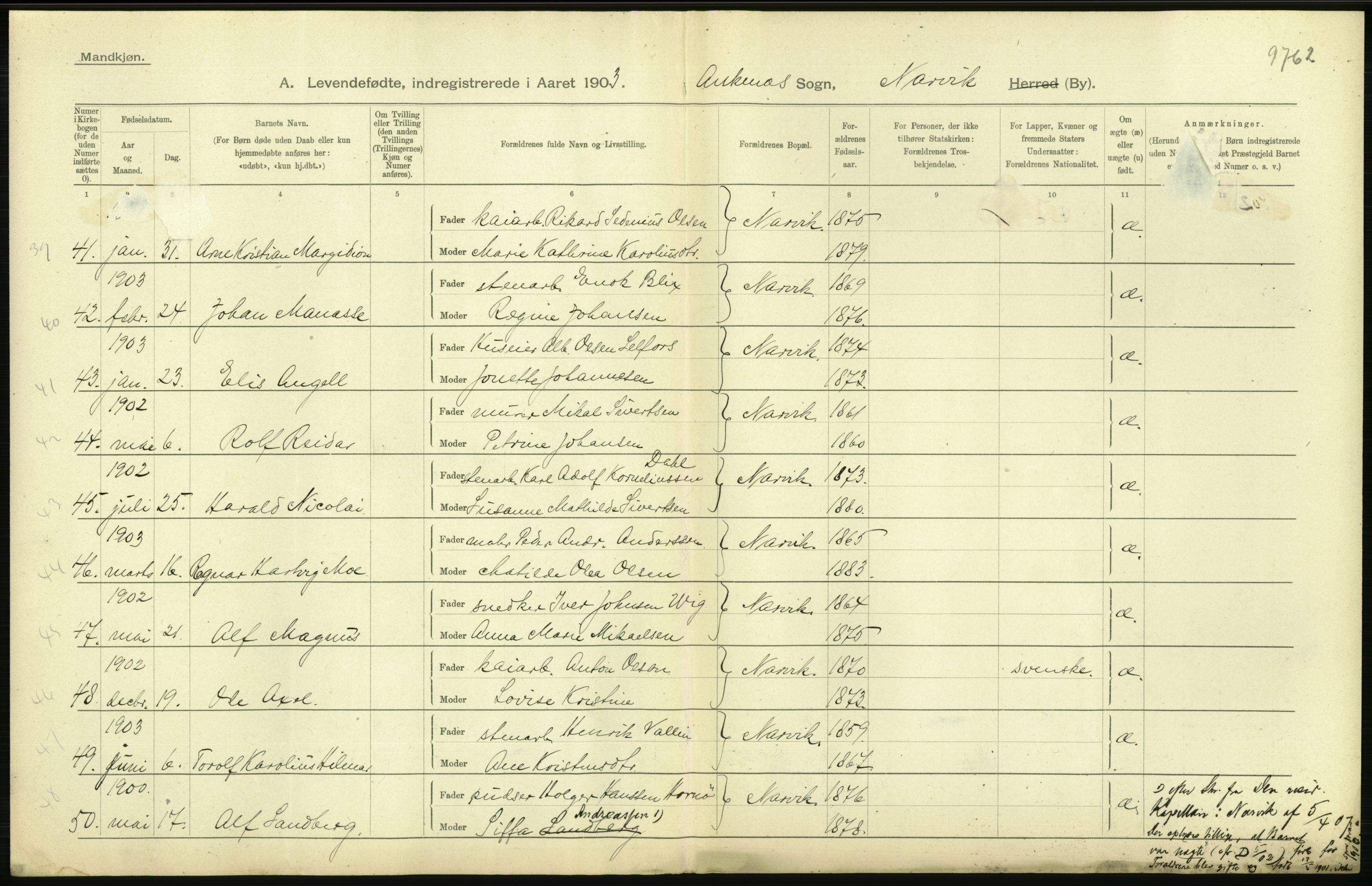 Statistisk sentralbyrå, Sosiodemografiske emner, Befolkning, AV/RA-S-2228/D/Df/Dfa/Dfaa/L0019: Nordlands amt: Fødte, gifte, døde., 1903, p. 34