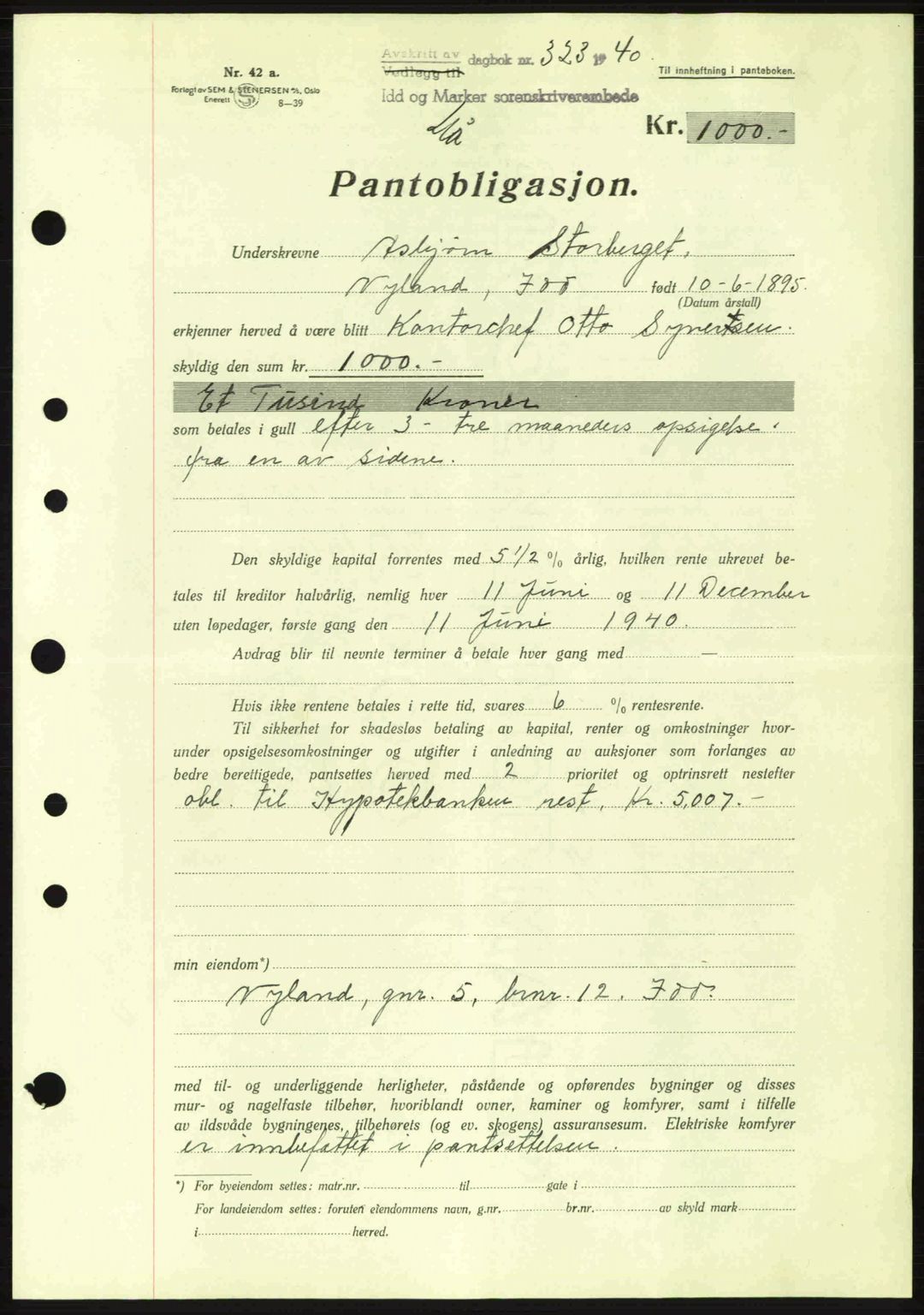 Idd og Marker sorenskriveri, AV/SAO-A-10283/G/Gb/Gbc/L0002: Mortgage book no. B4-9a, 1939-1945, Diary no: : 323/1940