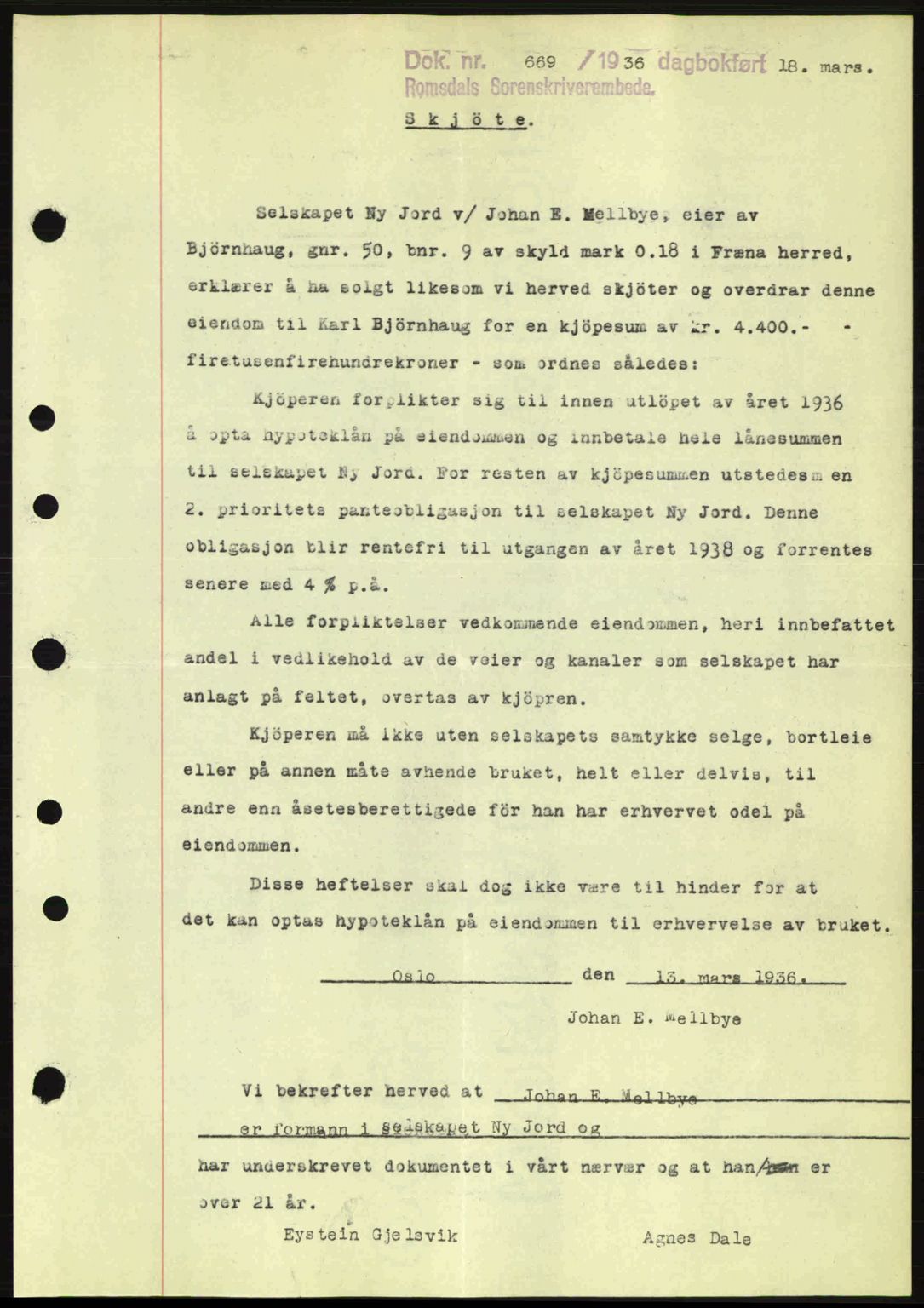 Romsdal sorenskriveri, AV/SAT-A-4149/1/2/2C: Mortgage book no. A1, 1936-1936, Diary no: : 669/1936