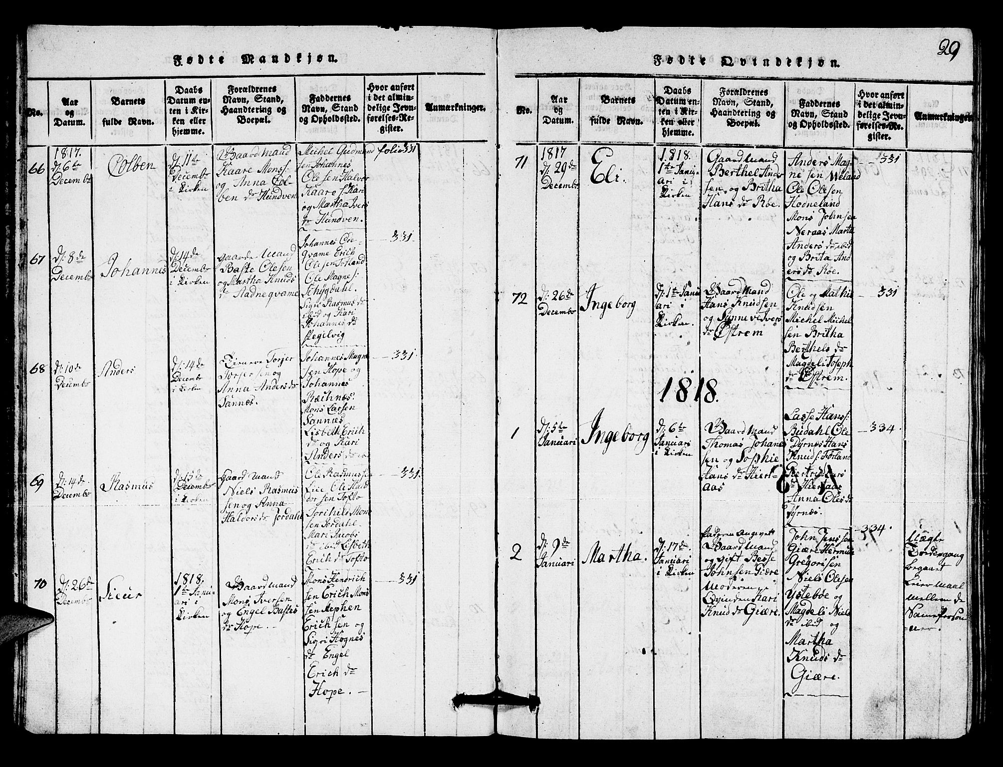 Lindås Sokneprestembete, AV/SAB-A-76701/H/Hab/Haba/L0001: Parish register (copy) no. A 1, 1816-1823, p. 29