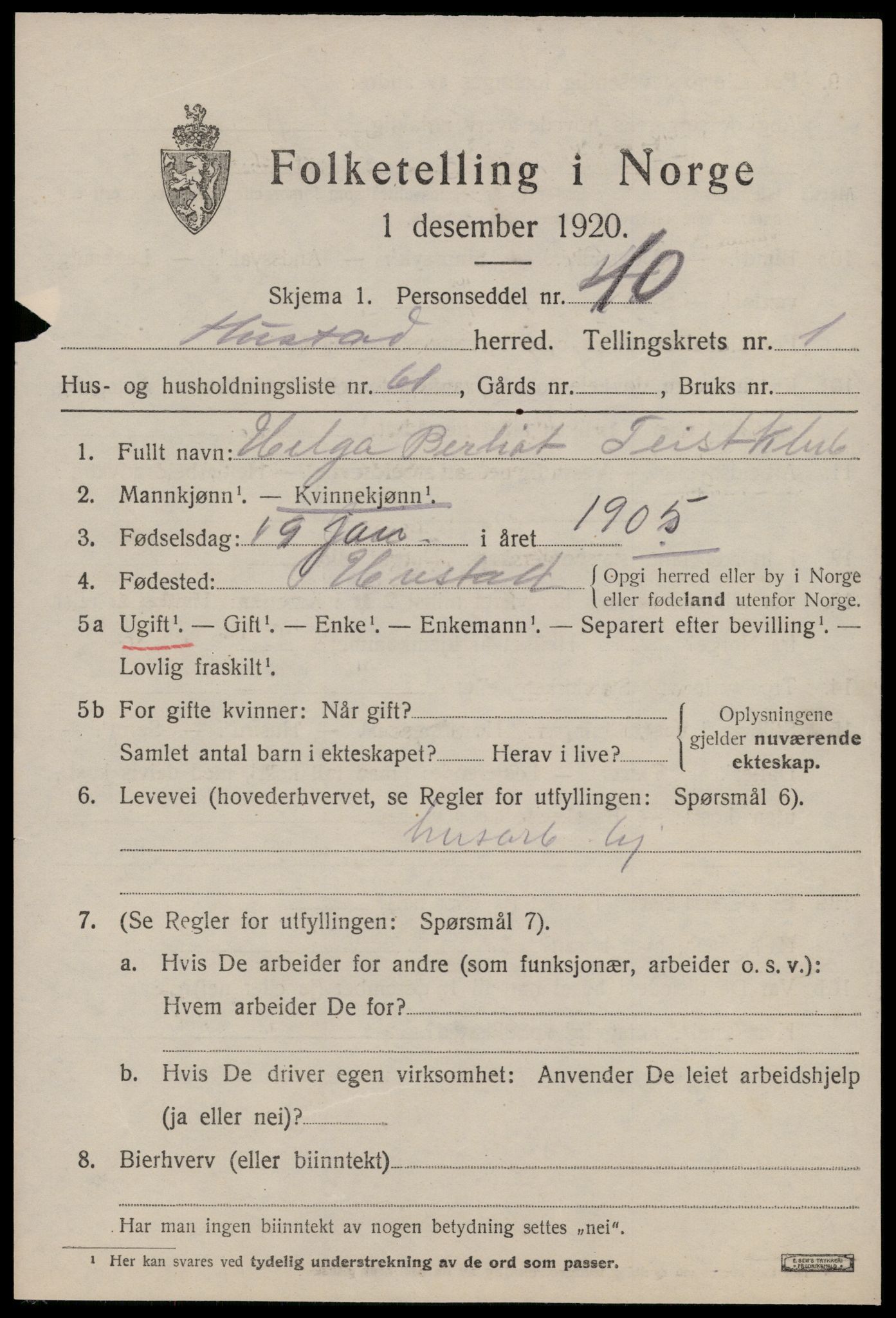 SAT, 1920 census for Hustad, 1920, p. 1517