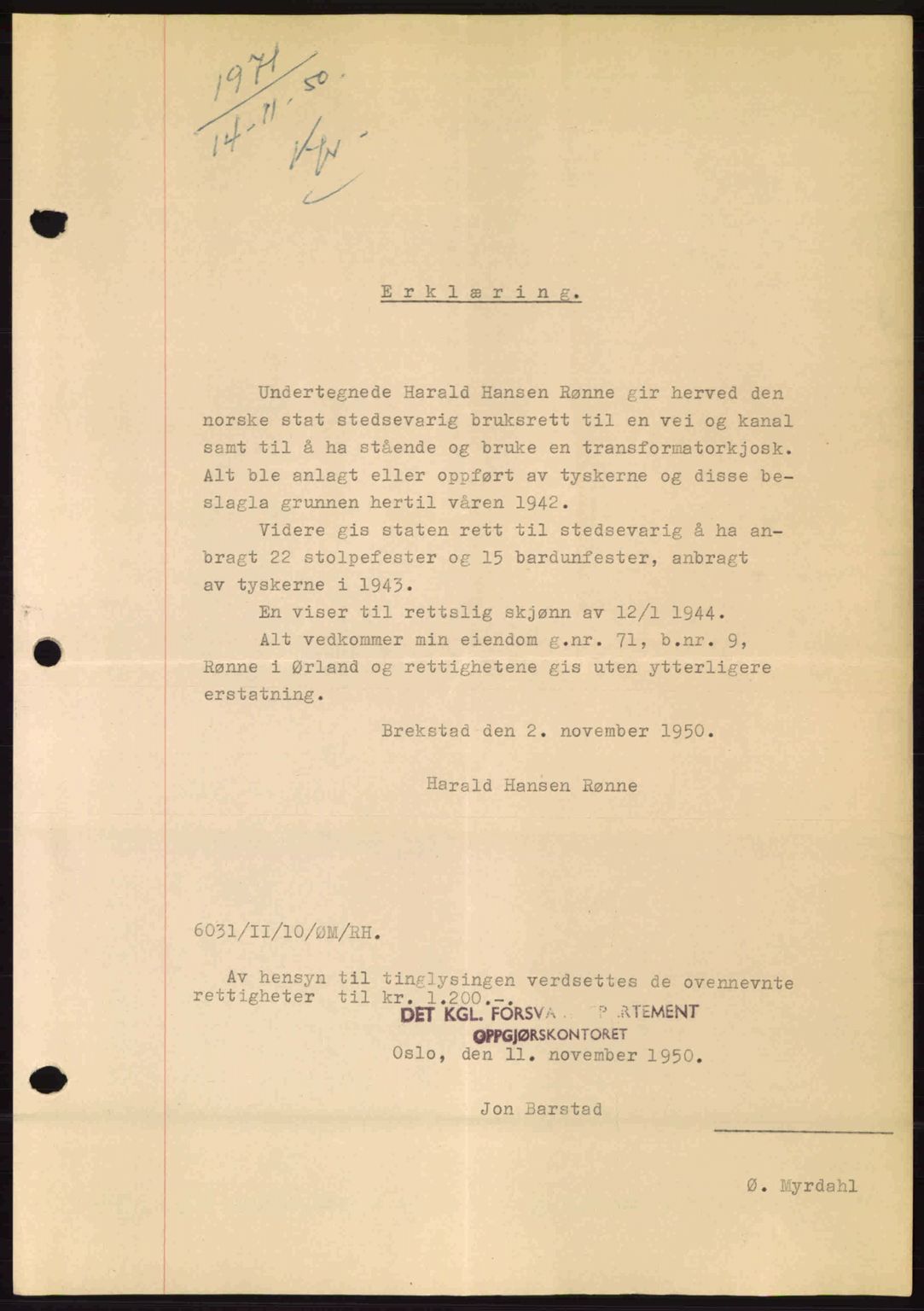 Fosen sorenskriveri, AV/SAT-A-1107/1/2/2C: Mortgage book no. A12, 1950-1950, Diary no: : 1971/1950