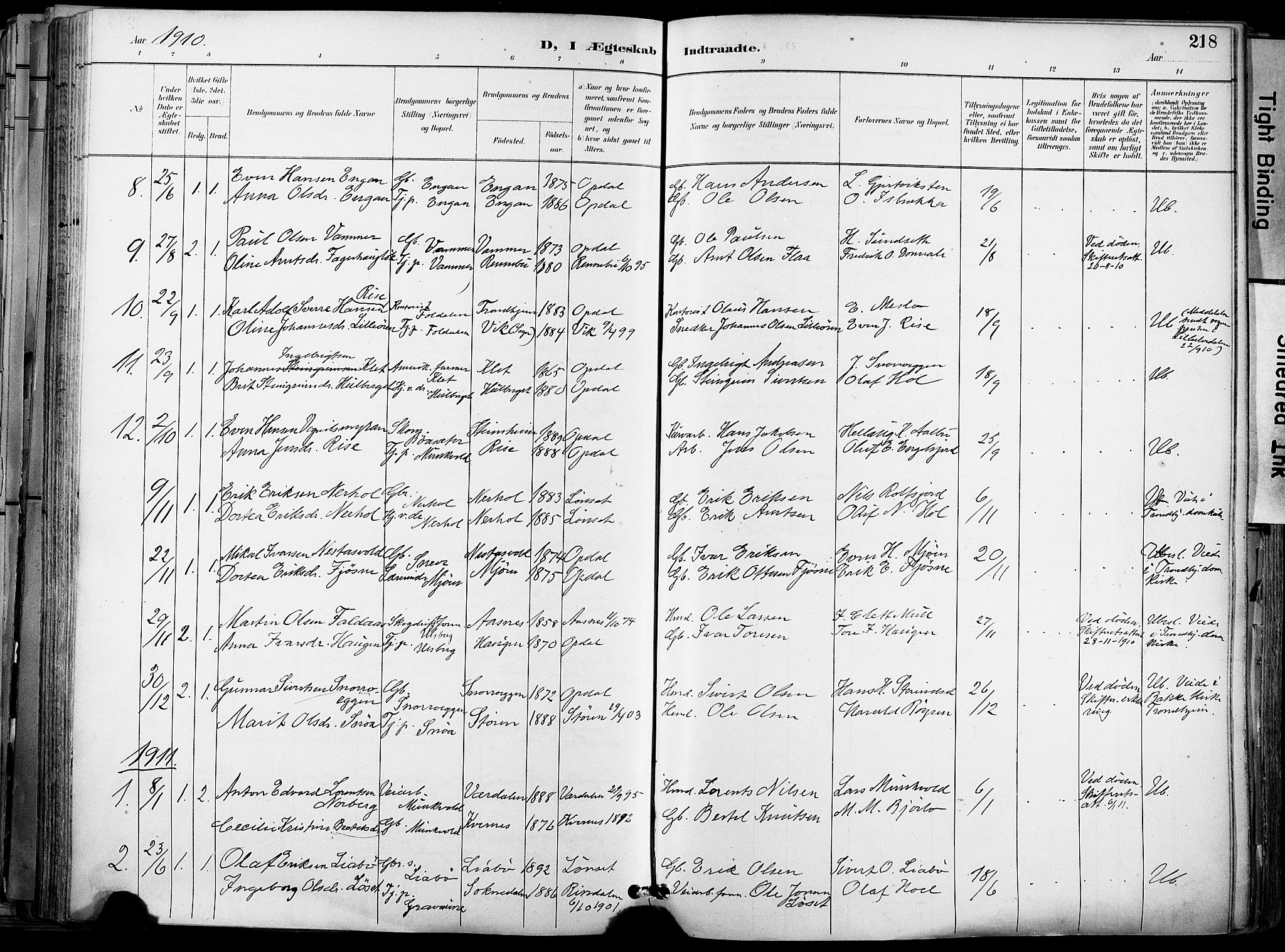 Ministerialprotokoller, klokkerbøker og fødselsregistre - Sør-Trøndelag, SAT/A-1456/678/L0902: Parish register (official) no. 678A11, 1895-1911, p. 218