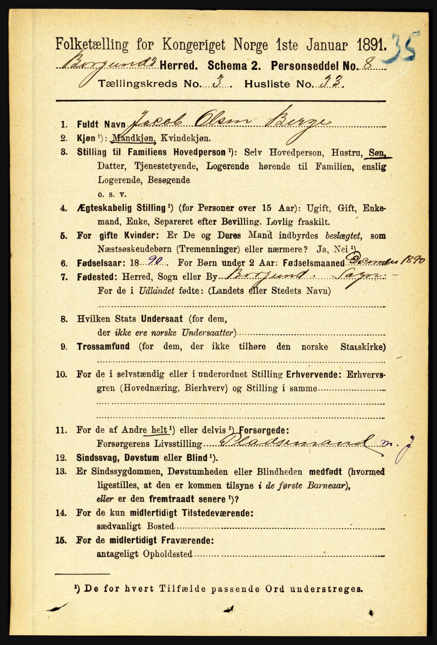 RA, 1891 census for 1423 Borgund, 1891, p. 780