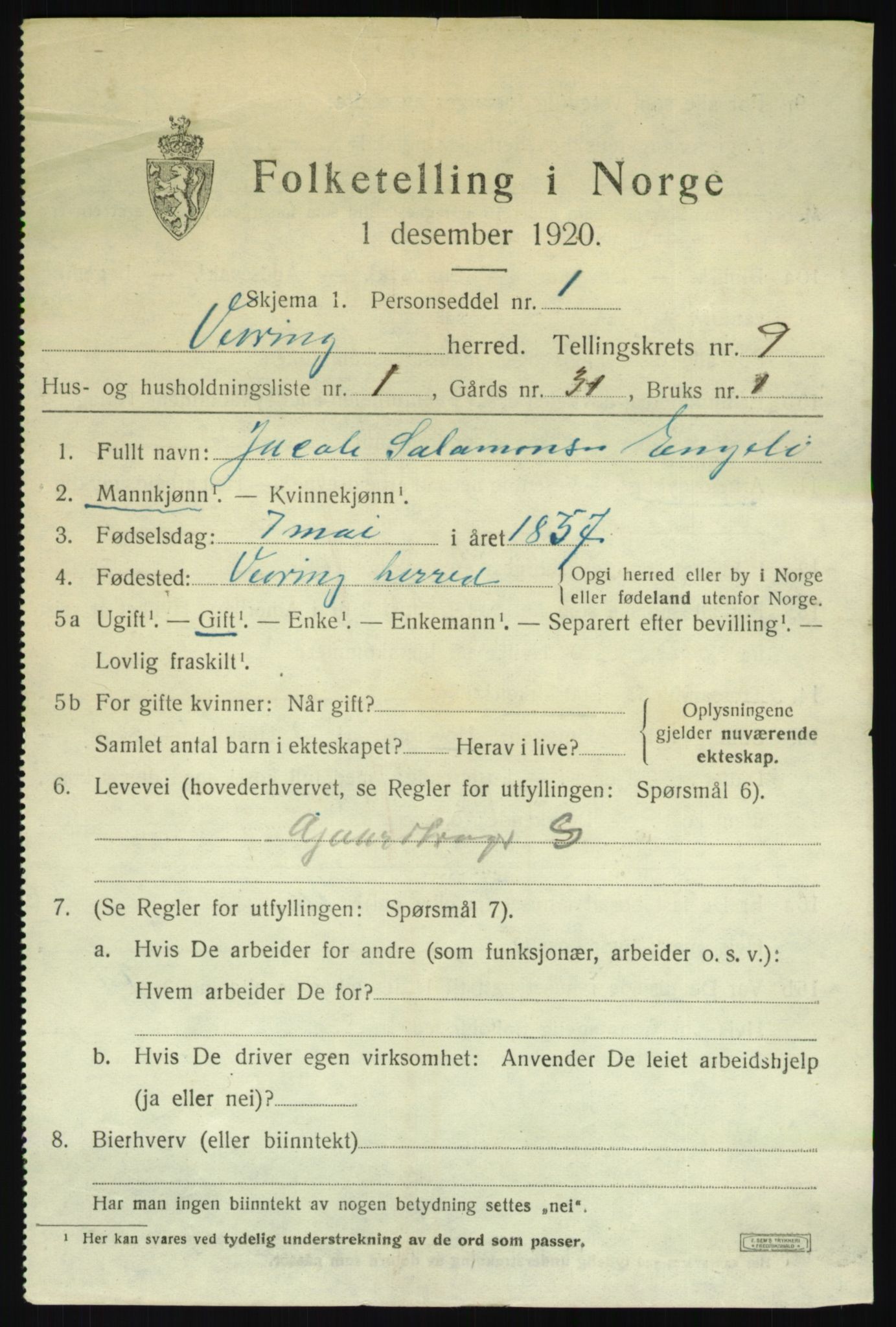 SAB, 1920 census for Vevring, 1920, p. 2366