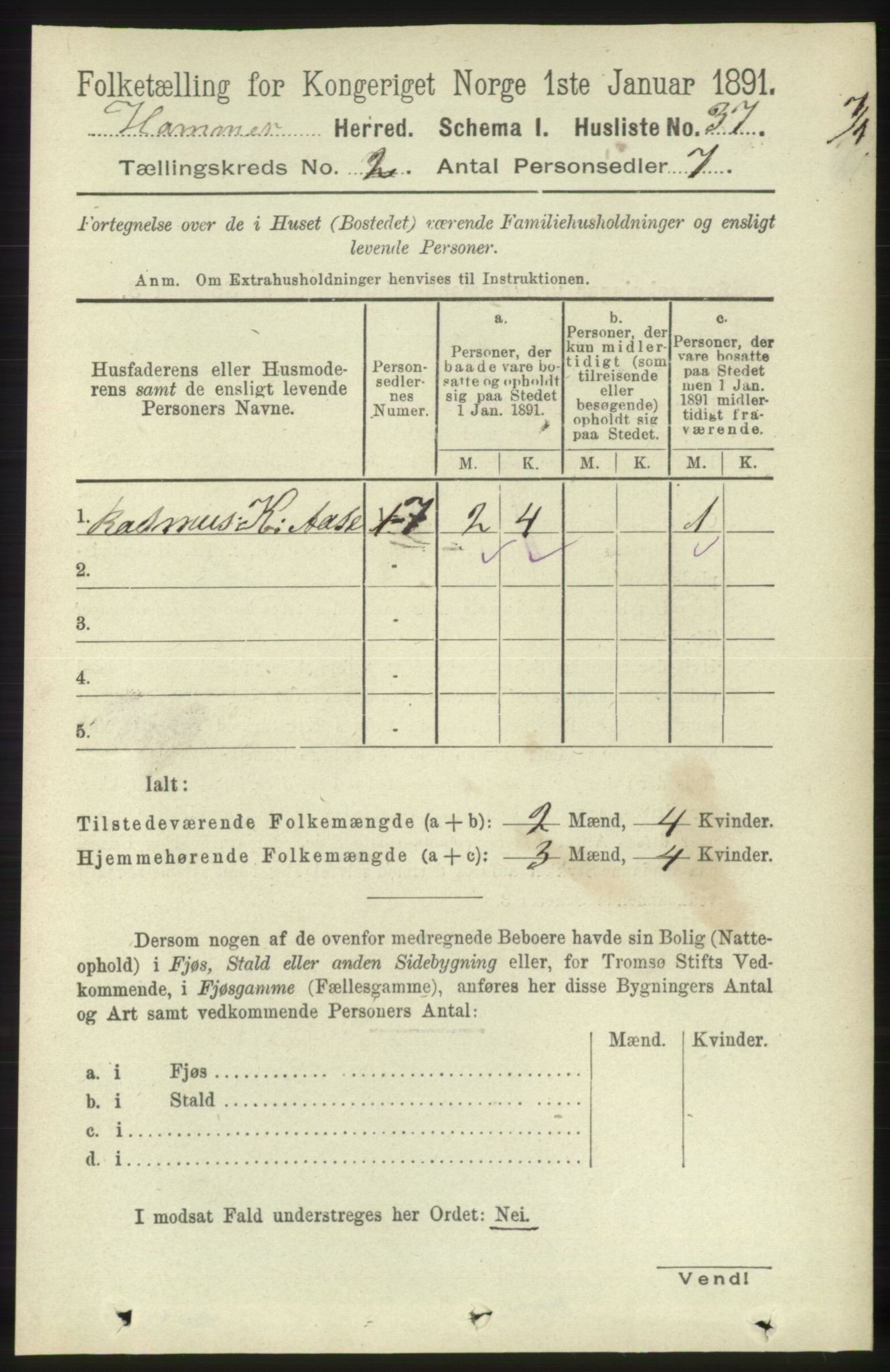 RA, 1891 census for 1254 Hamre, 1891, p. 223