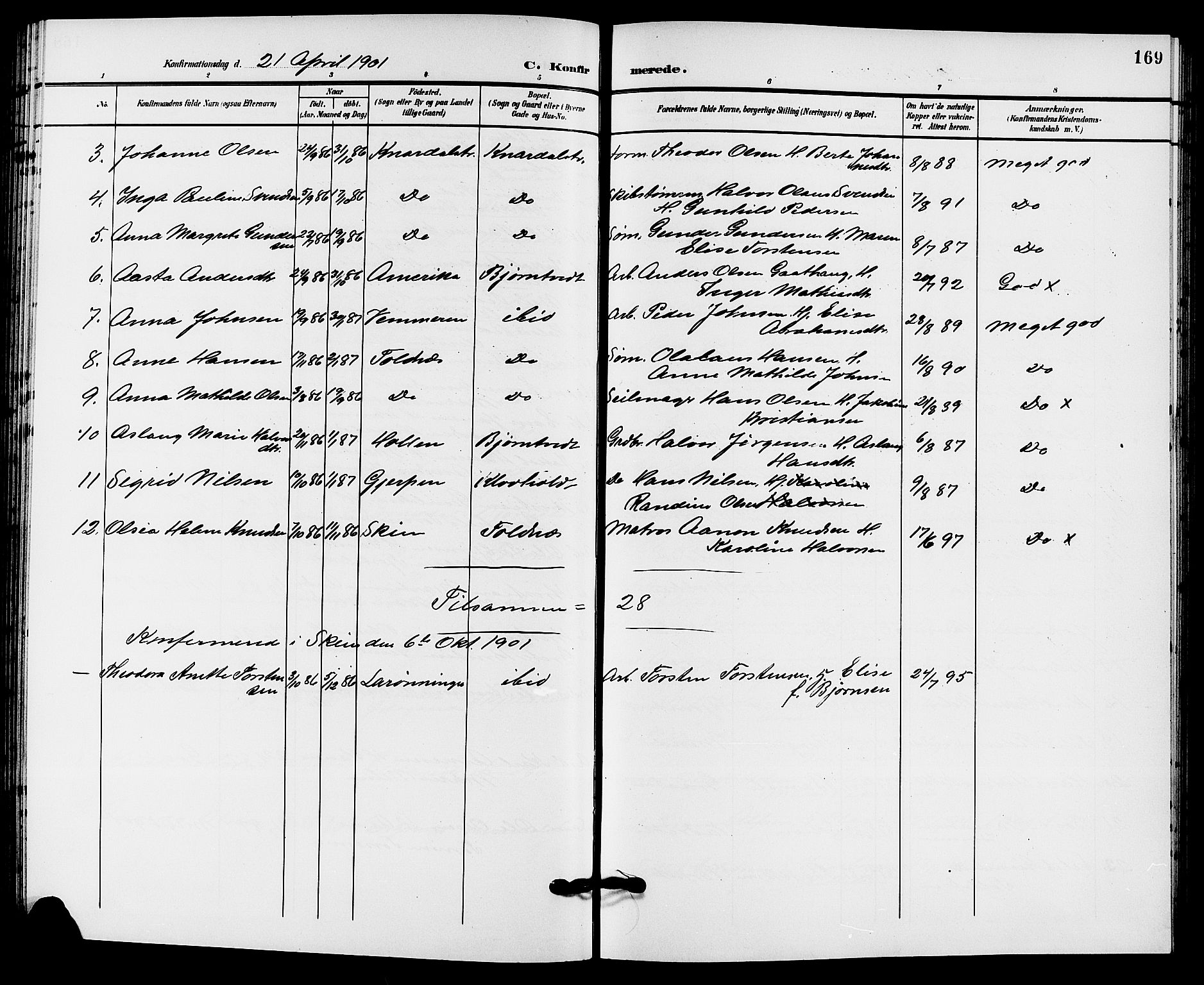 Solum kirkebøker, SAKO/A-306/G/Ga/L0008: Parish register (copy) no. I 8, 1898-1909, p. 169