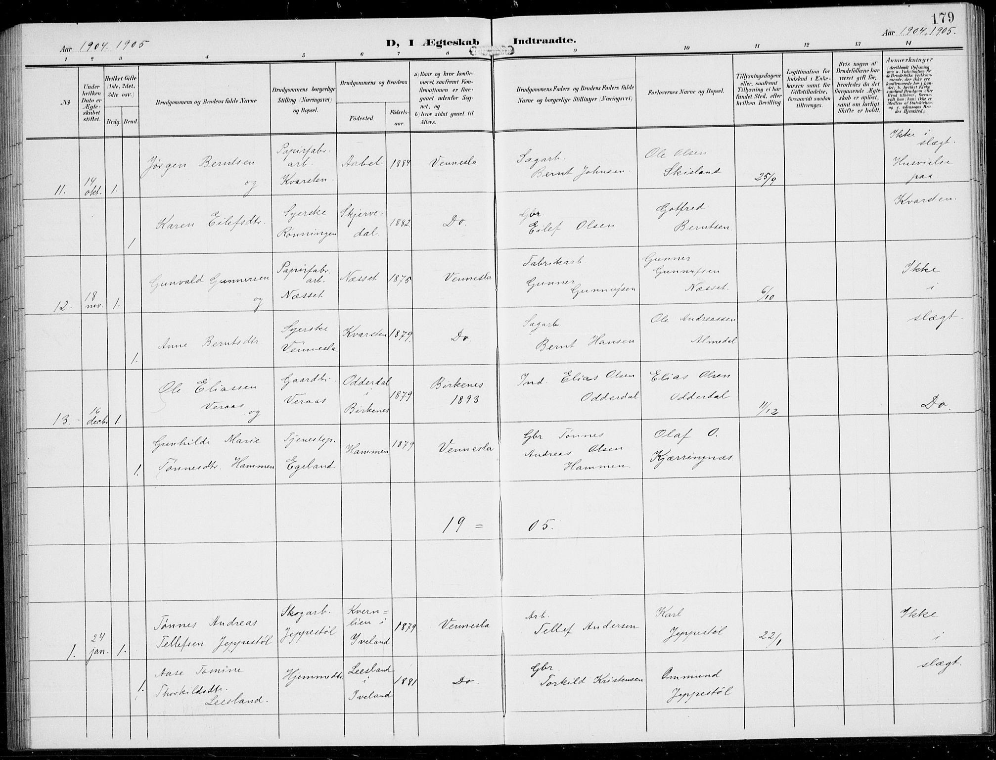 Vennesla sokneprestkontor, AV/SAK-1111-0045/Fb/Fbb/L0005: Parish register (copy) no. B 5, 1903-1913, p. 179