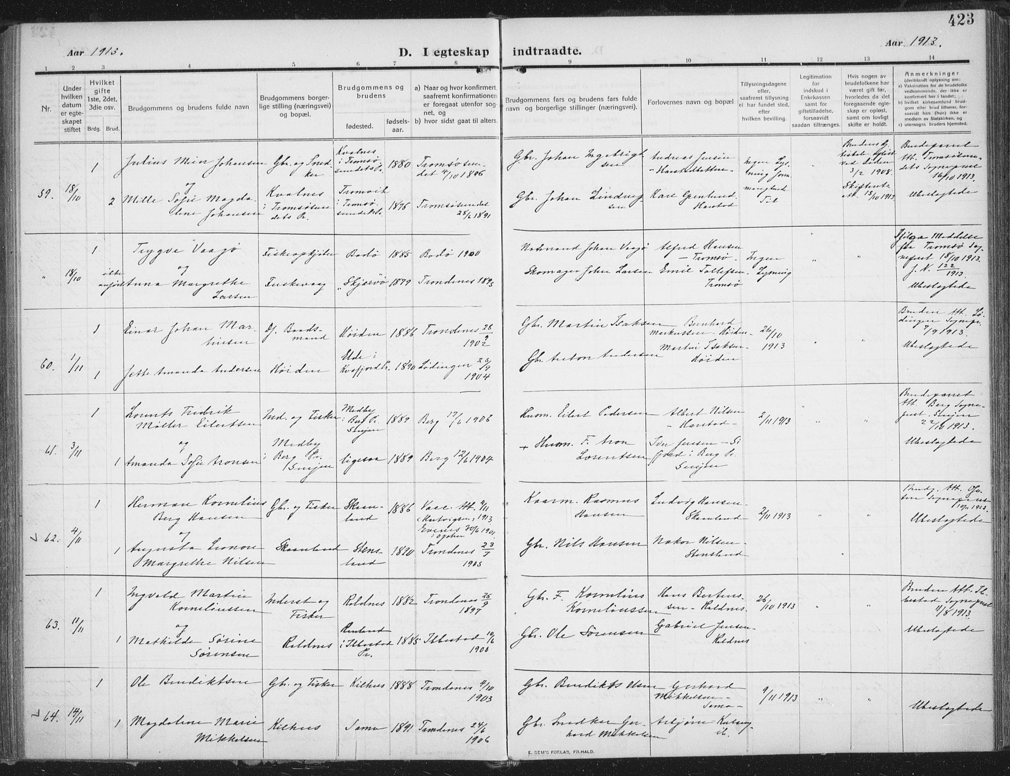 Trondenes sokneprestkontor, SATØ/S-1319/H/Ha/L0018kirke: Parish register (official) no. 18, 1909-1918, p. 423