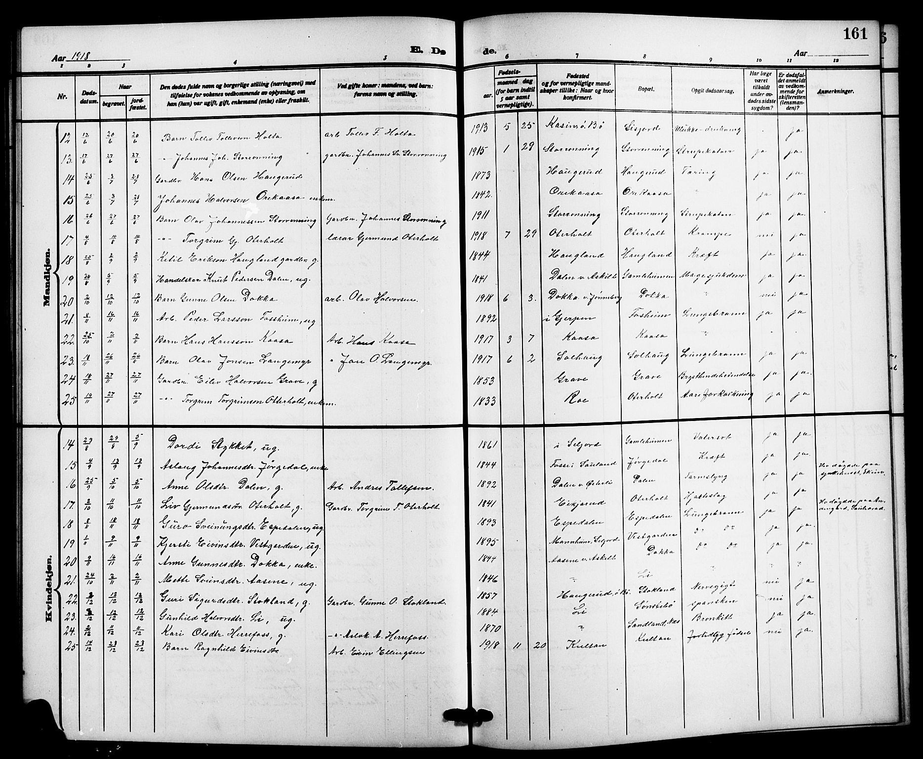 Bø kirkebøker, SAKO/A-257/G/Ga/L0007: Parish register (copy) no. 7, 1909-1924, p. 161