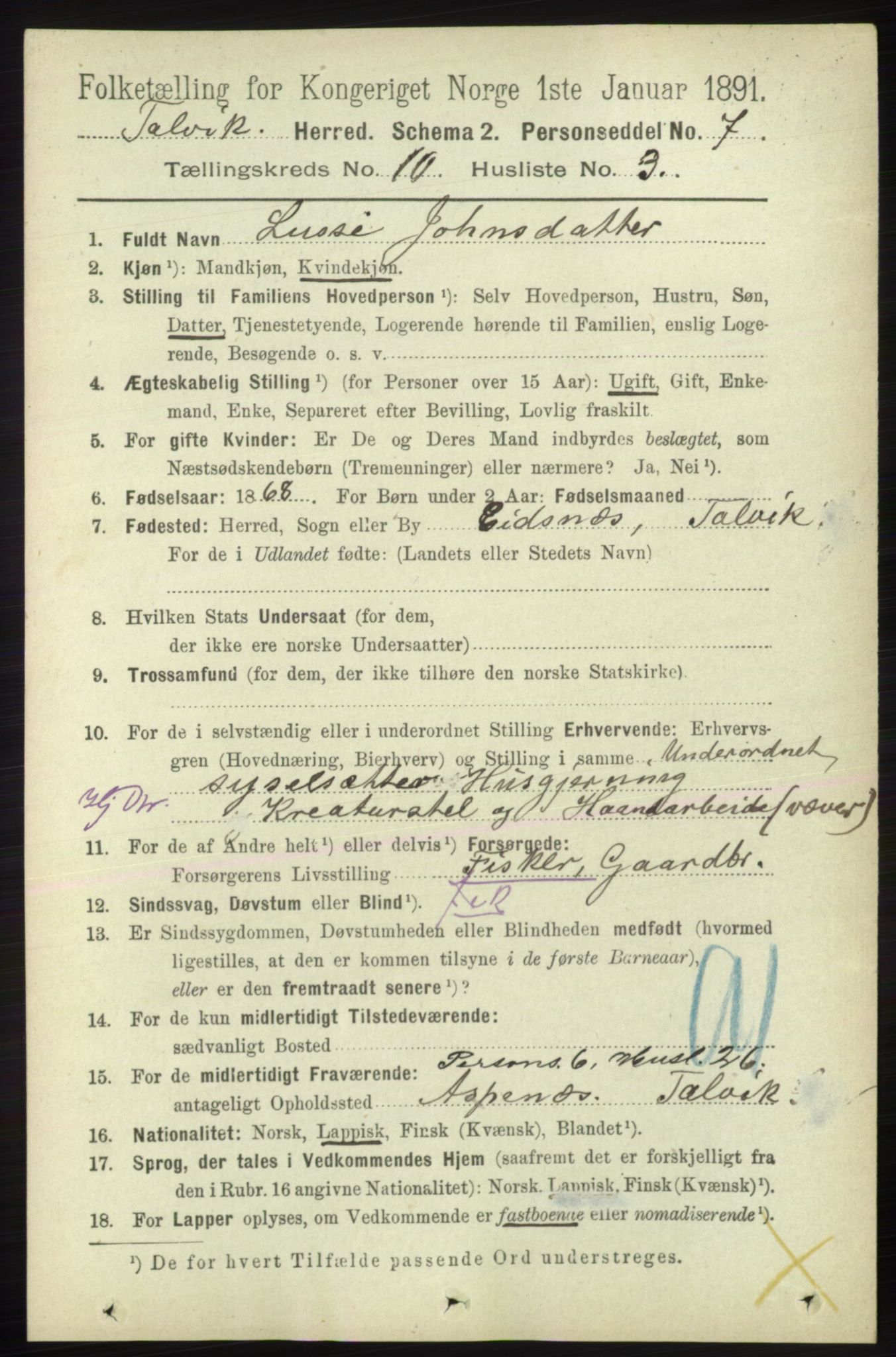 RA, 1891 census for 2013 Talvik, 1891, p. 2352