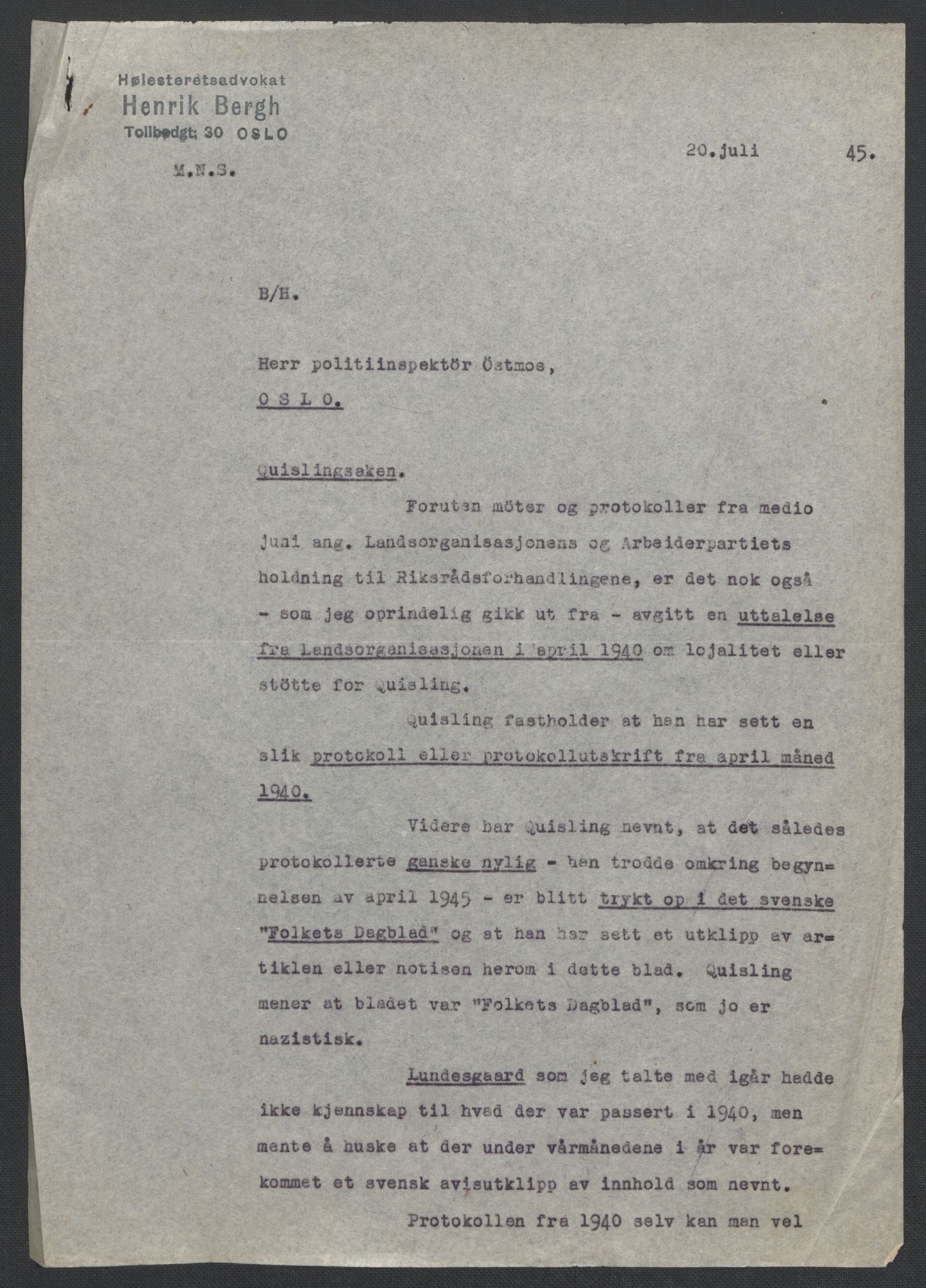 Landssvikarkivet, Oslo politikammer, AV/RA-S-3138-01/D/Da/L0003: Dnr. 29, 1945, p. 3576