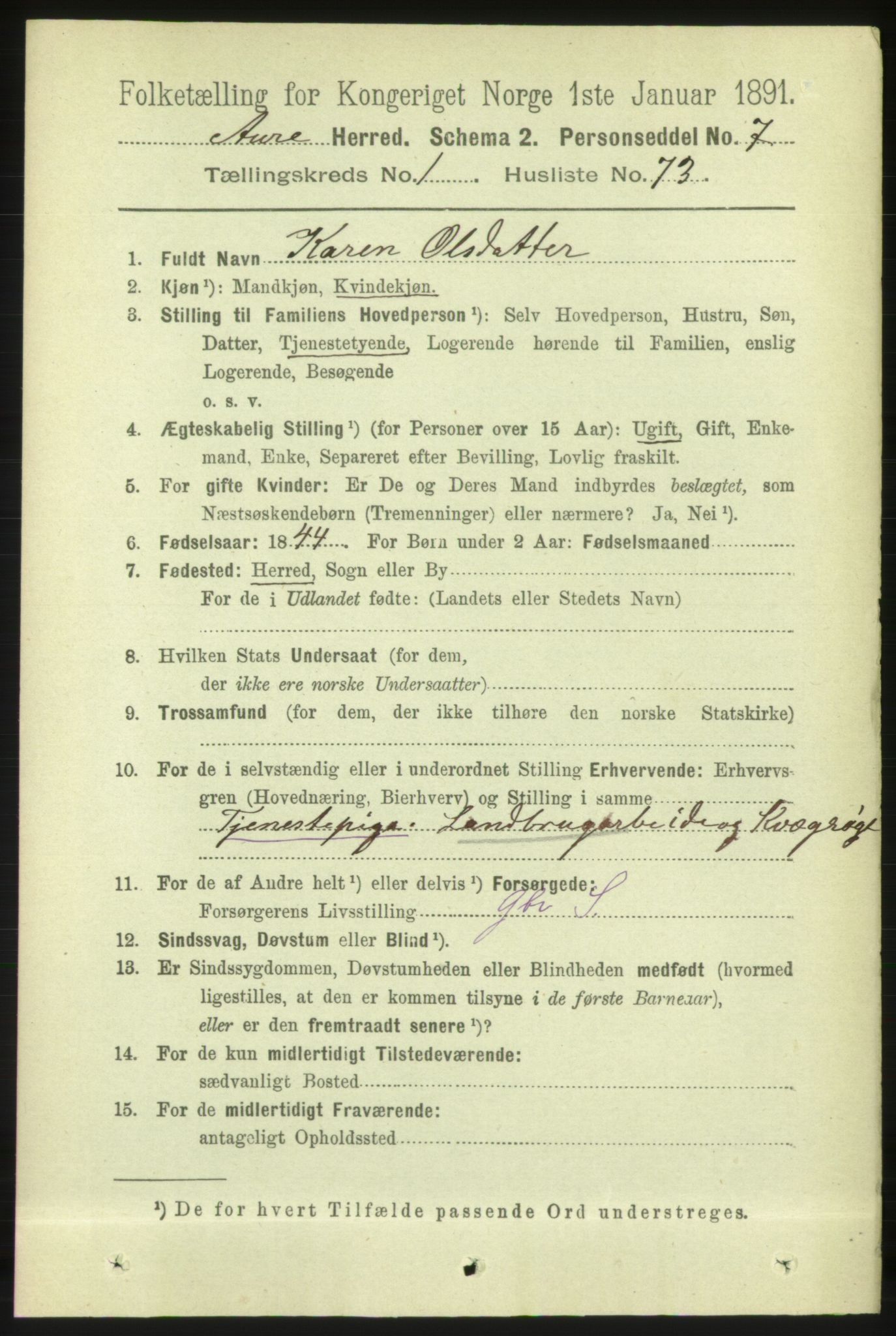 RA, 1891 census for 1569 Aure, 1891, p. 627