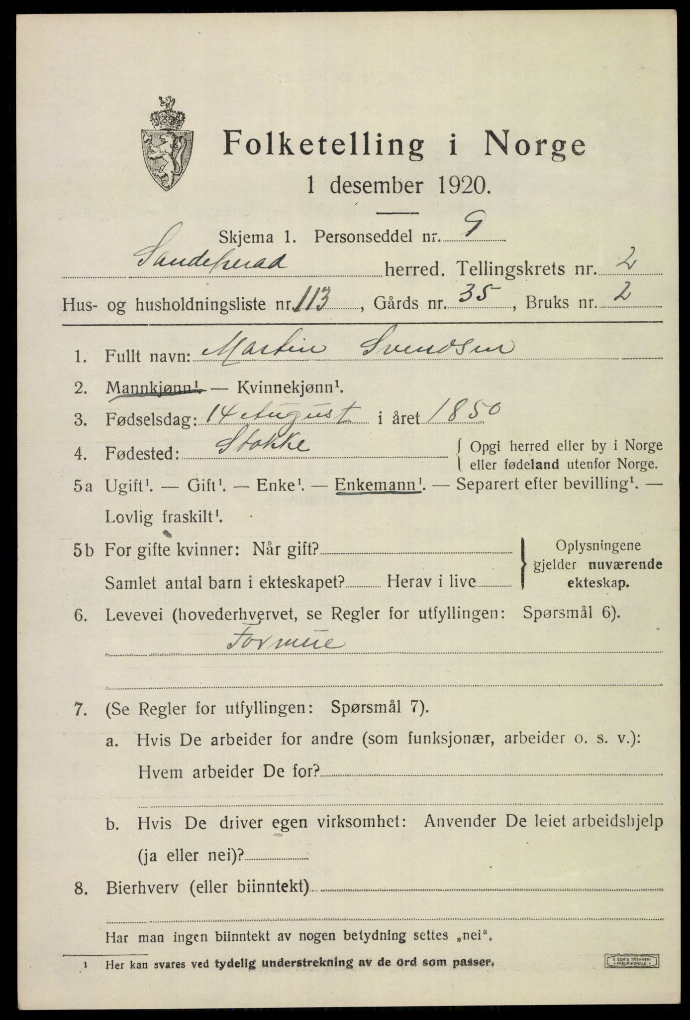 SAKO, 1920 census for Sandeherred, 1920, p. 5202