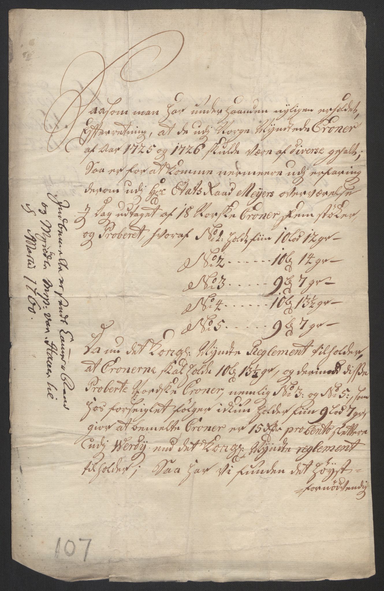 Rentekammeret inntil 1814, Realistisk ordnet avdeling, RA/EA-4070/Oa/L0014: [Y17]: Forskjellige dokumenter om Kongsbergs mynt, 1723-1765, p. 121