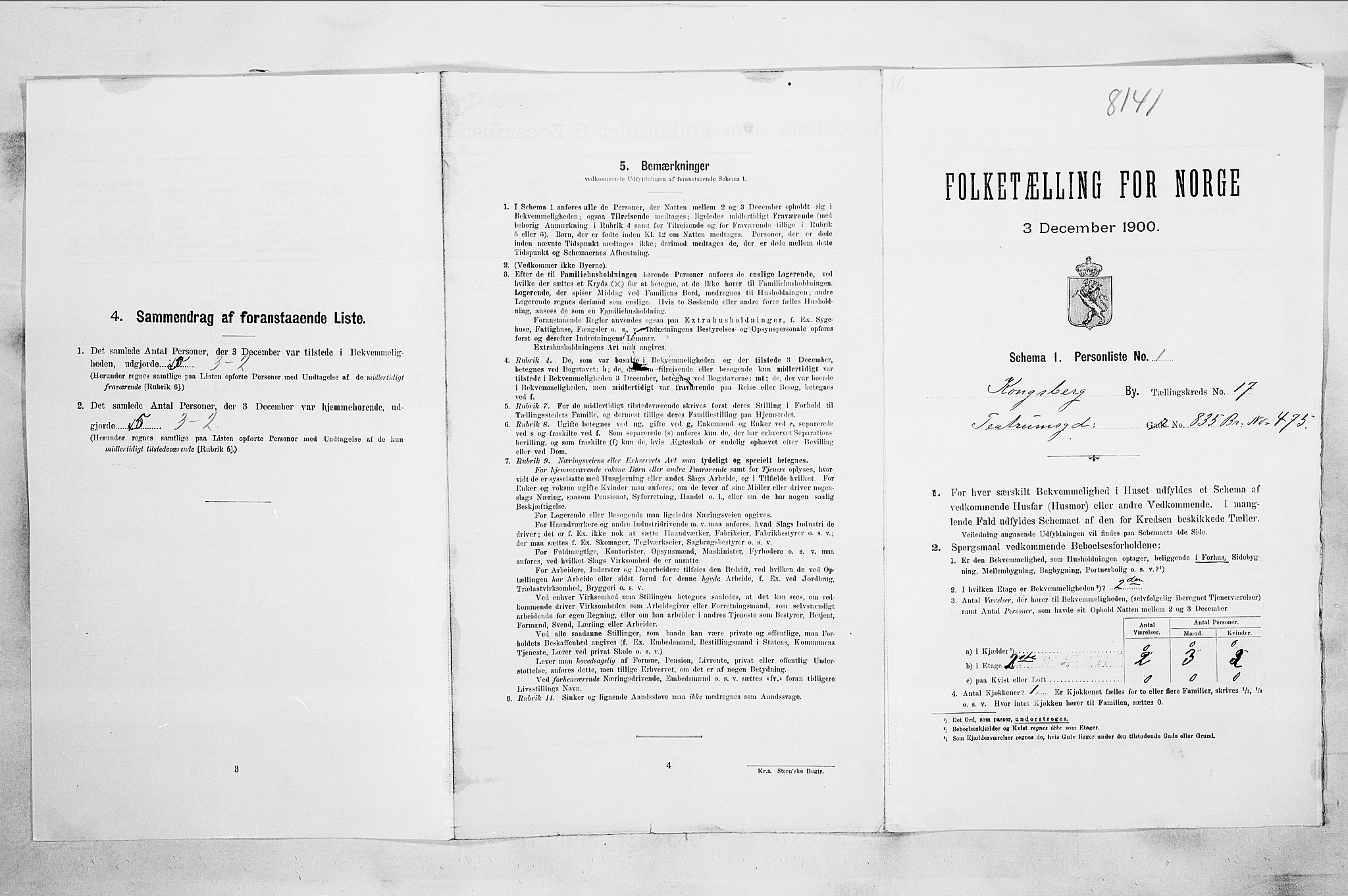 RA, 1900 census for Kongsberg, 1900, p. 3573