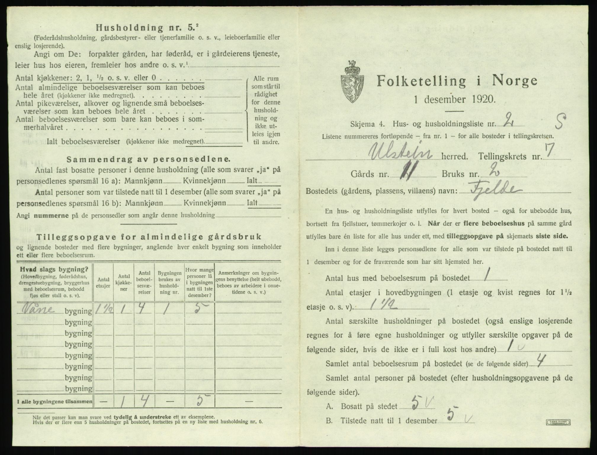 SAT, 1920 census for Ulstein, 1920, p. 492