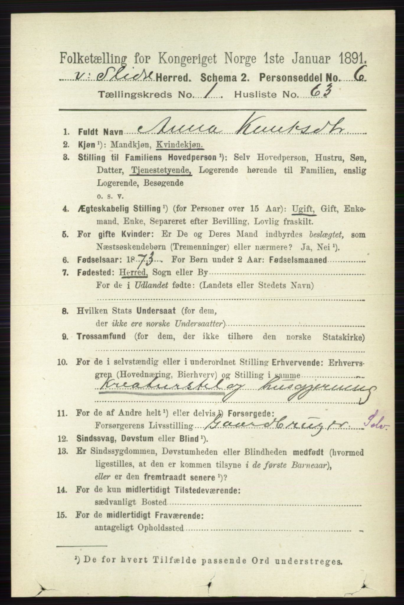 RA, 1891 census for 0543 Vestre Slidre, 1891, p. 432