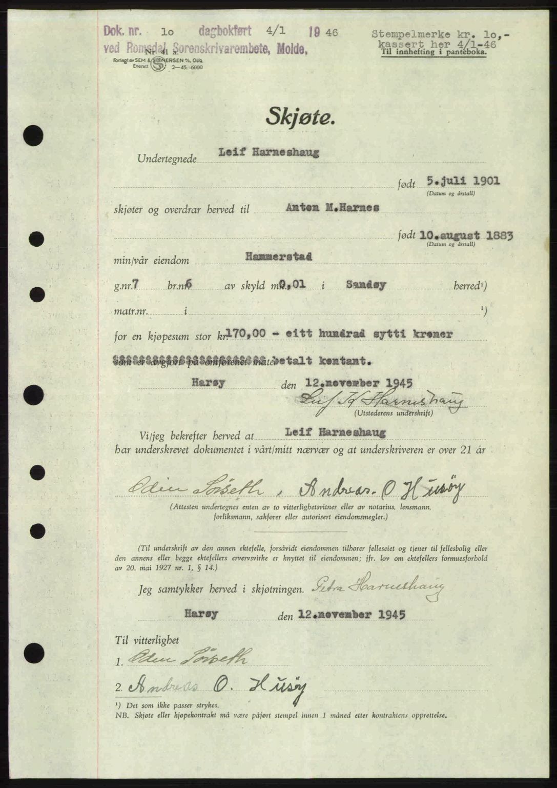 Romsdal sorenskriveri, SAT/A-4149/1/2/2C: Mortgage book no. A19, 1946-1946, Diary no: : 10/1946