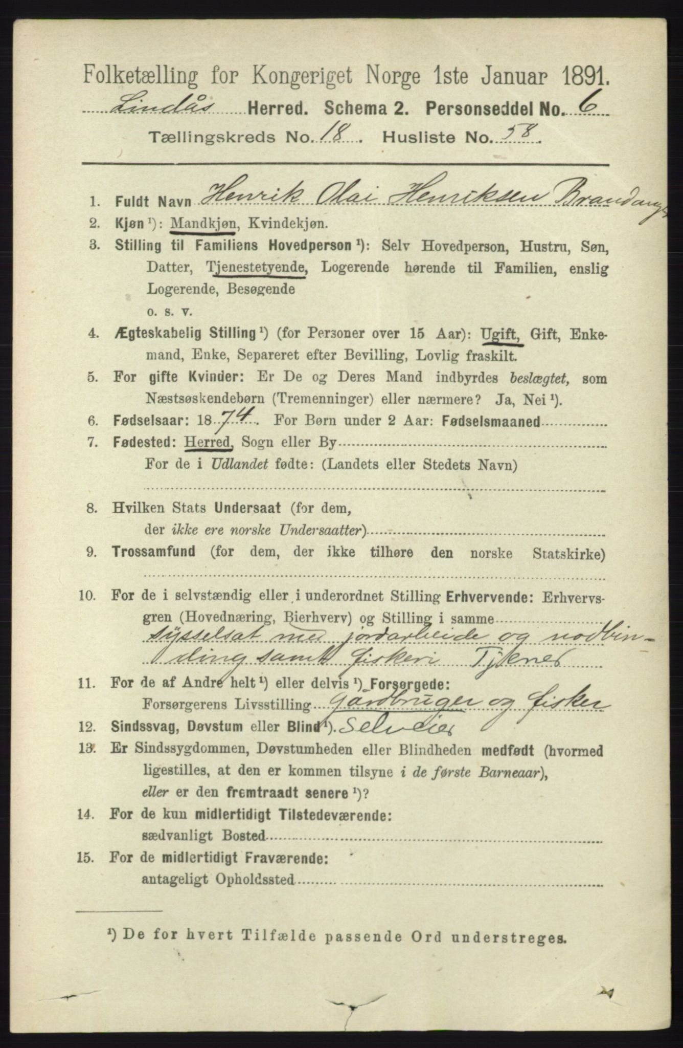 RA, 1891 census for 1263 Lindås, 1891, p. 6870