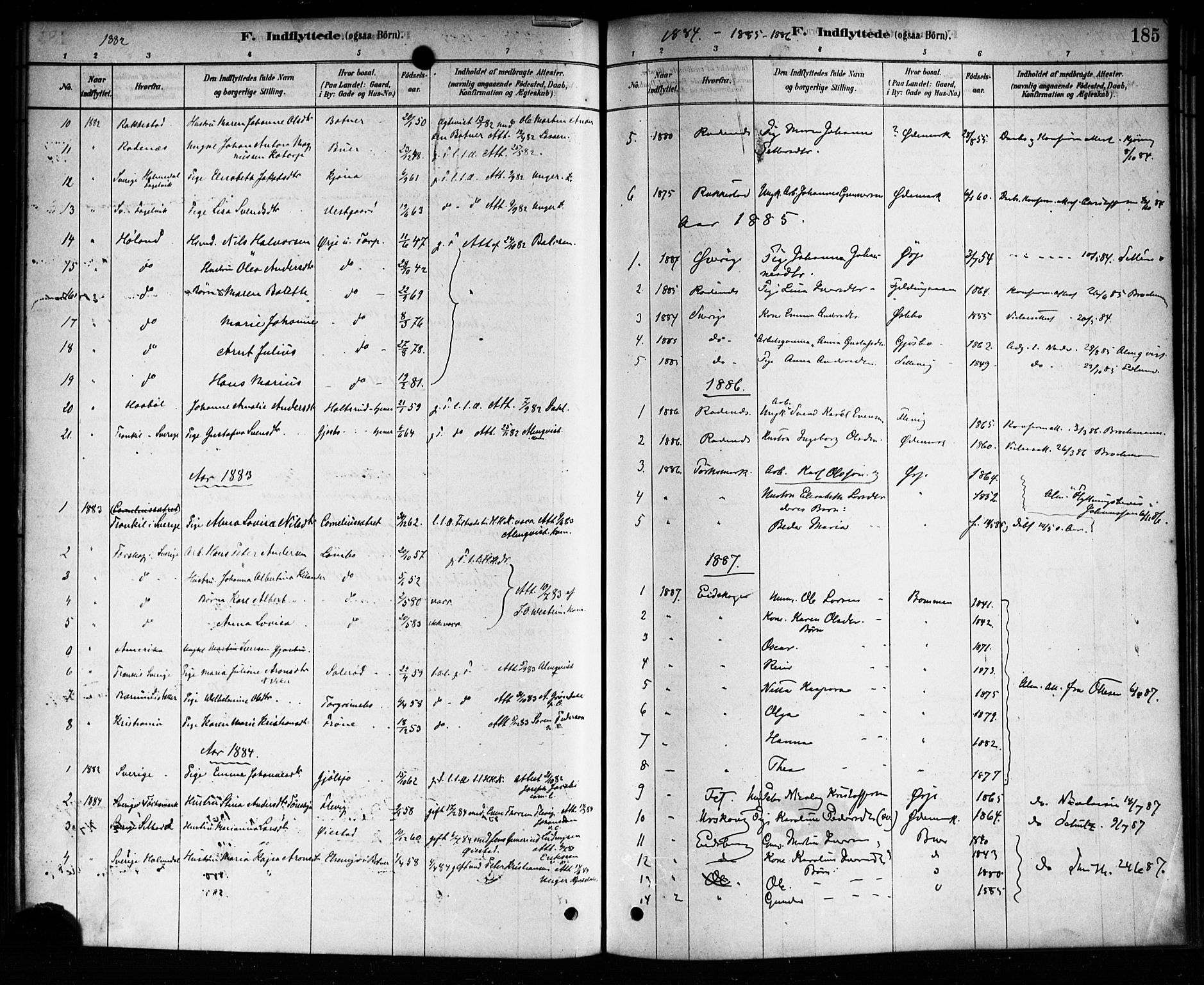 Aremark prestekontor Kirkebøker, SAO/A-10899/F/Fb/L0004: Parish register (official) no. II 4, 1878-1895, p. 185