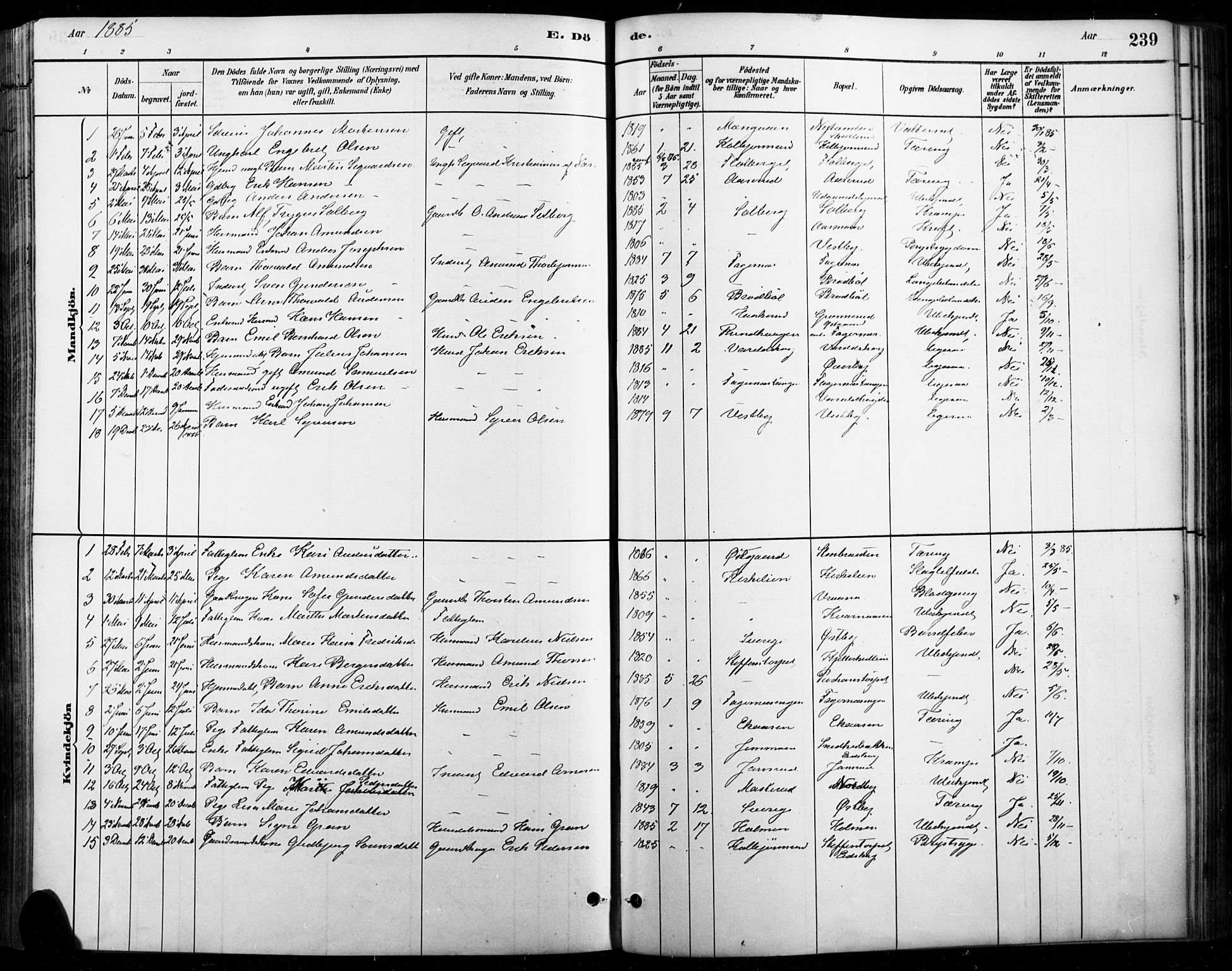 Vinger prestekontor, AV/SAH-PREST-024/H/Ha/Haa/L0015: Parish register (official) no. 15, 1881-1900, p. 239