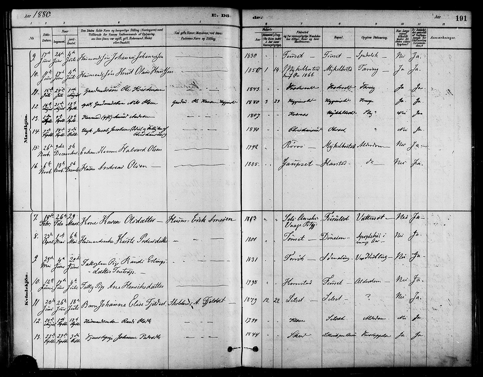 Ministerialprotokoller, klokkerbøker og fødselsregistre - Møre og Romsdal, SAT/A-1454/584/L0967: Parish register (official) no. 584A07, 1879-1894, p. 191