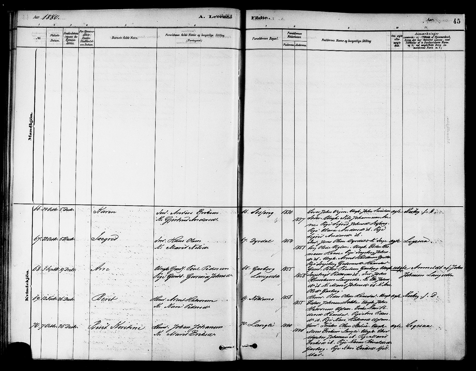 Ministerialprotokoller, klokkerbøker og fødselsregistre - Sør-Trøndelag, AV/SAT-A-1456/695/L1148: Parish register (official) no. 695A08, 1878-1891, p. 45