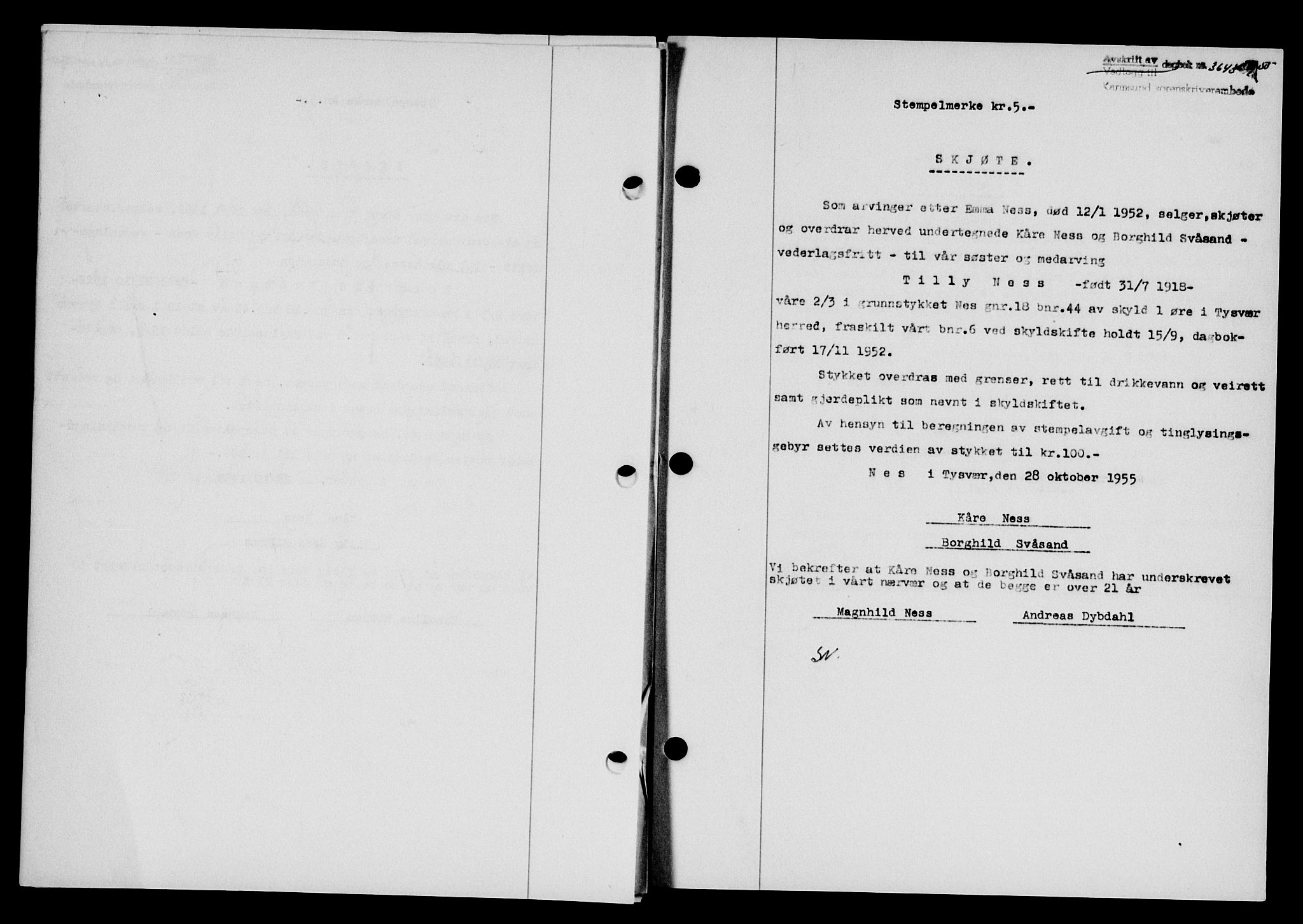 Karmsund sorenskriveri, SAST/A-100311/01/II/IIB/L0117: Mortgage book no. 97Aa, 1955-1955, Diary no: : 3643/1955