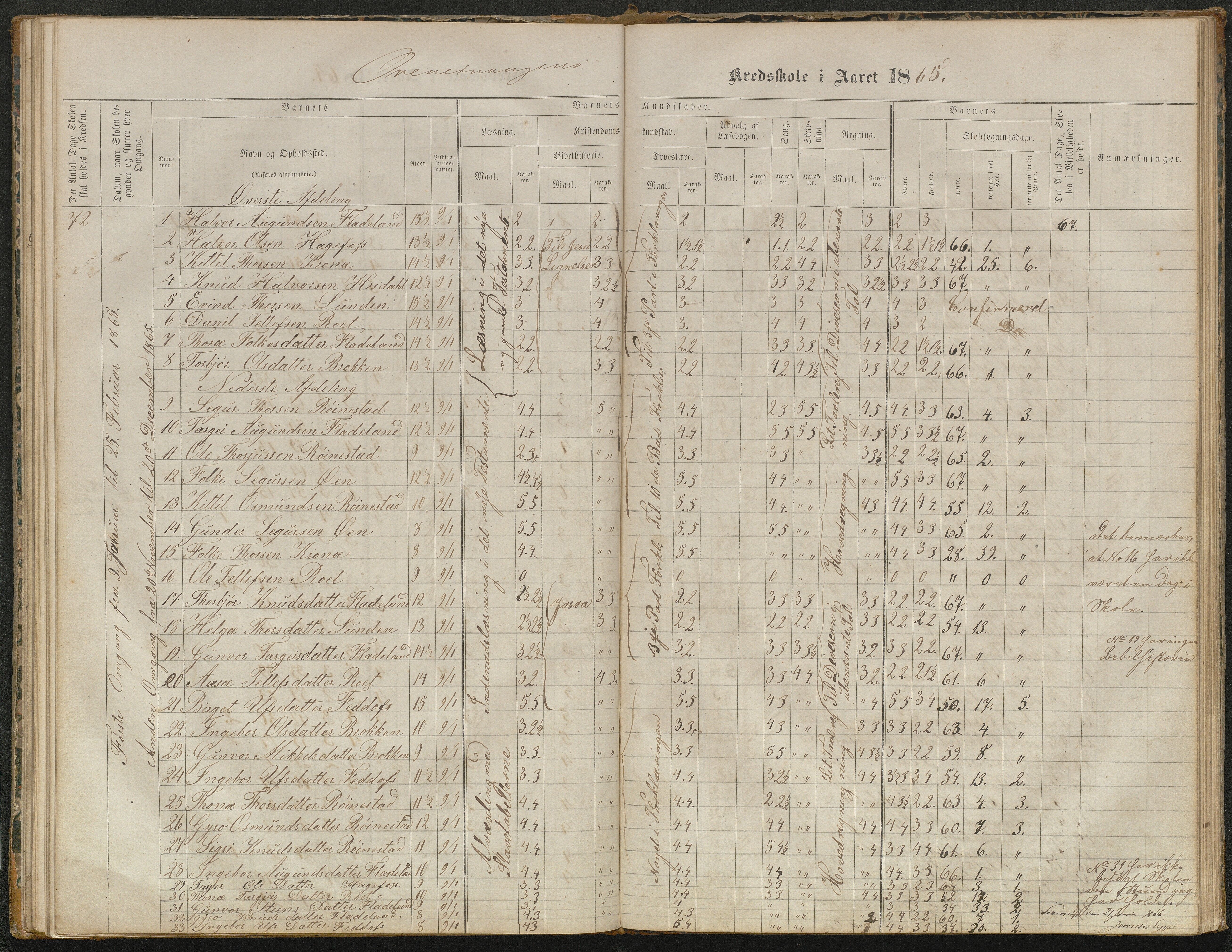 Valle kommune, AAKS/KA0940-PK/03/L0052: Karakterprotokoll for Homme skule. Karakterprotokoll for Oveinang skule. Karakterprotokoll for Tveitebø skule. Karakterprotokoll for den frivillige undervisning i Homme, 1863-1882