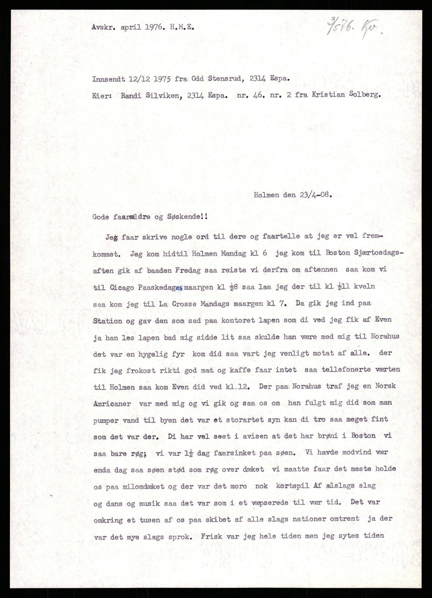 Samlinger til kildeutgivelse, Amerikabrevene, RA/EA-4057/F/L0009: Innlån fra Hedmark: Statsarkivet i Hamar - Wærenskjold, 1838-1914, p. 476