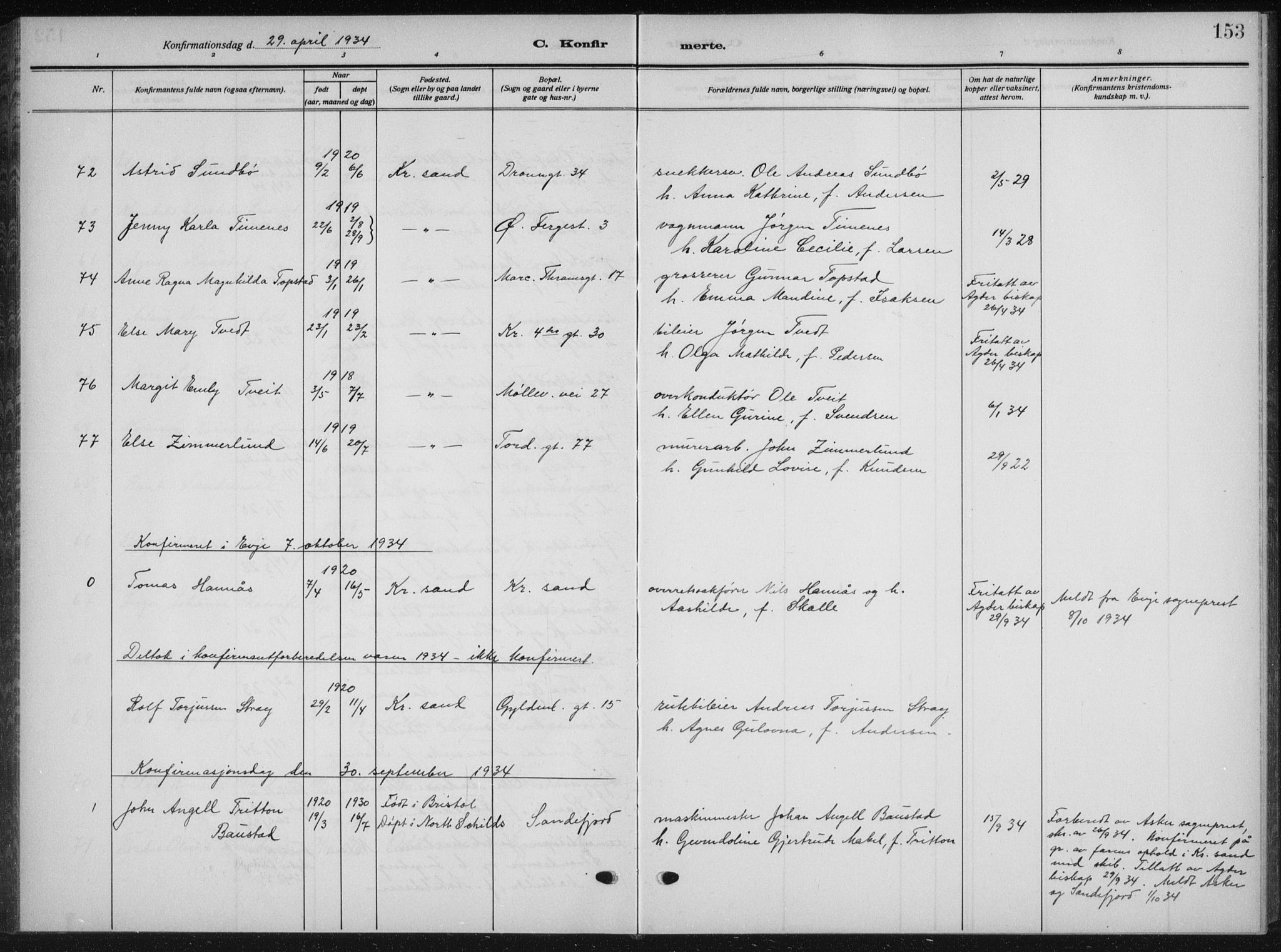 Kristiansand domprosti, AV/SAK-1112-0006/F/Fb/L0025: Parish register (copy) no. B 25, 1924-1934, p. 153