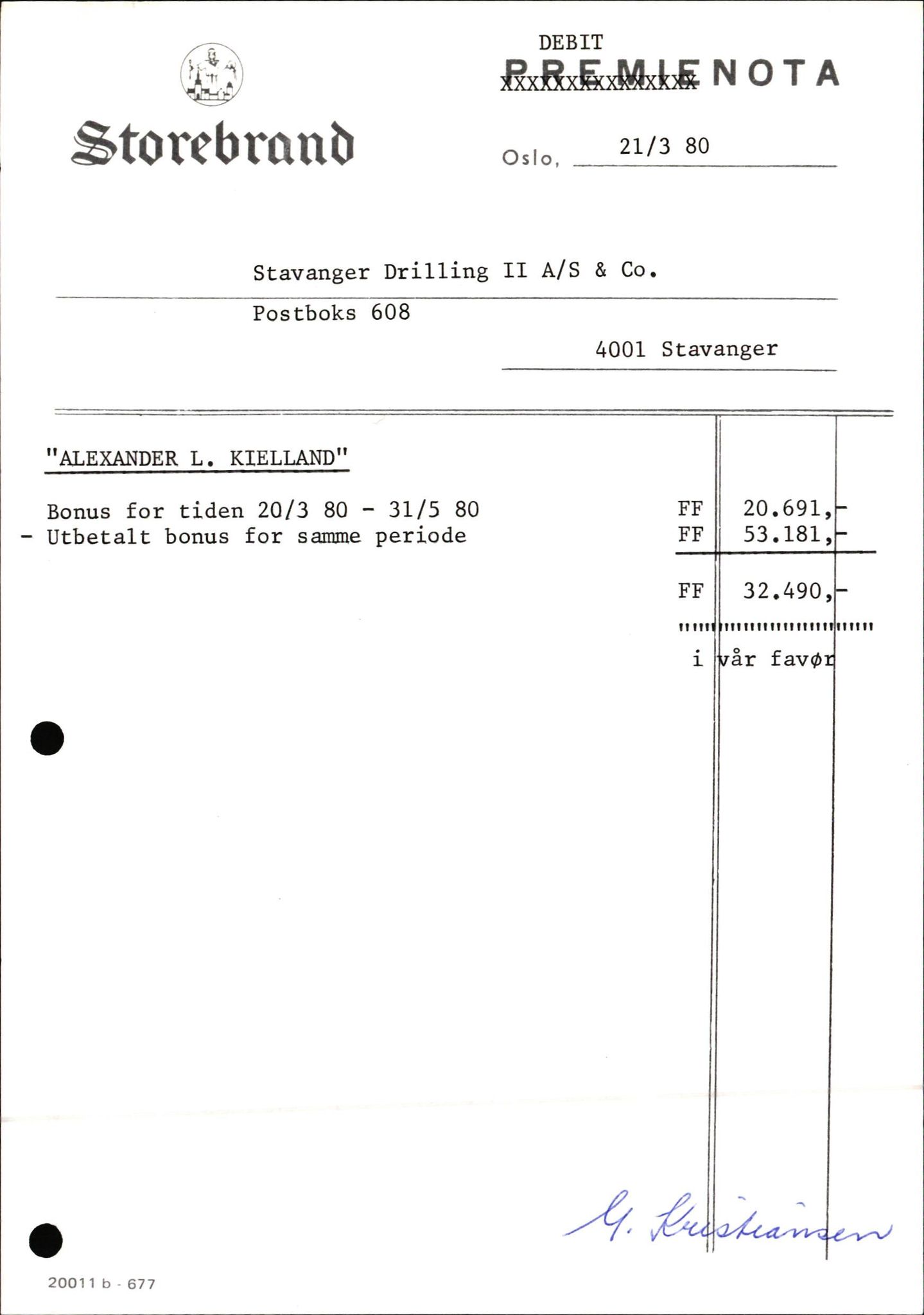 Pa 1503 - Stavanger Drilling AS, AV/SAST-A-101906/2/E/Eb/Eba/L0023: Alexander L. Kielland forsikring, 1976-1980