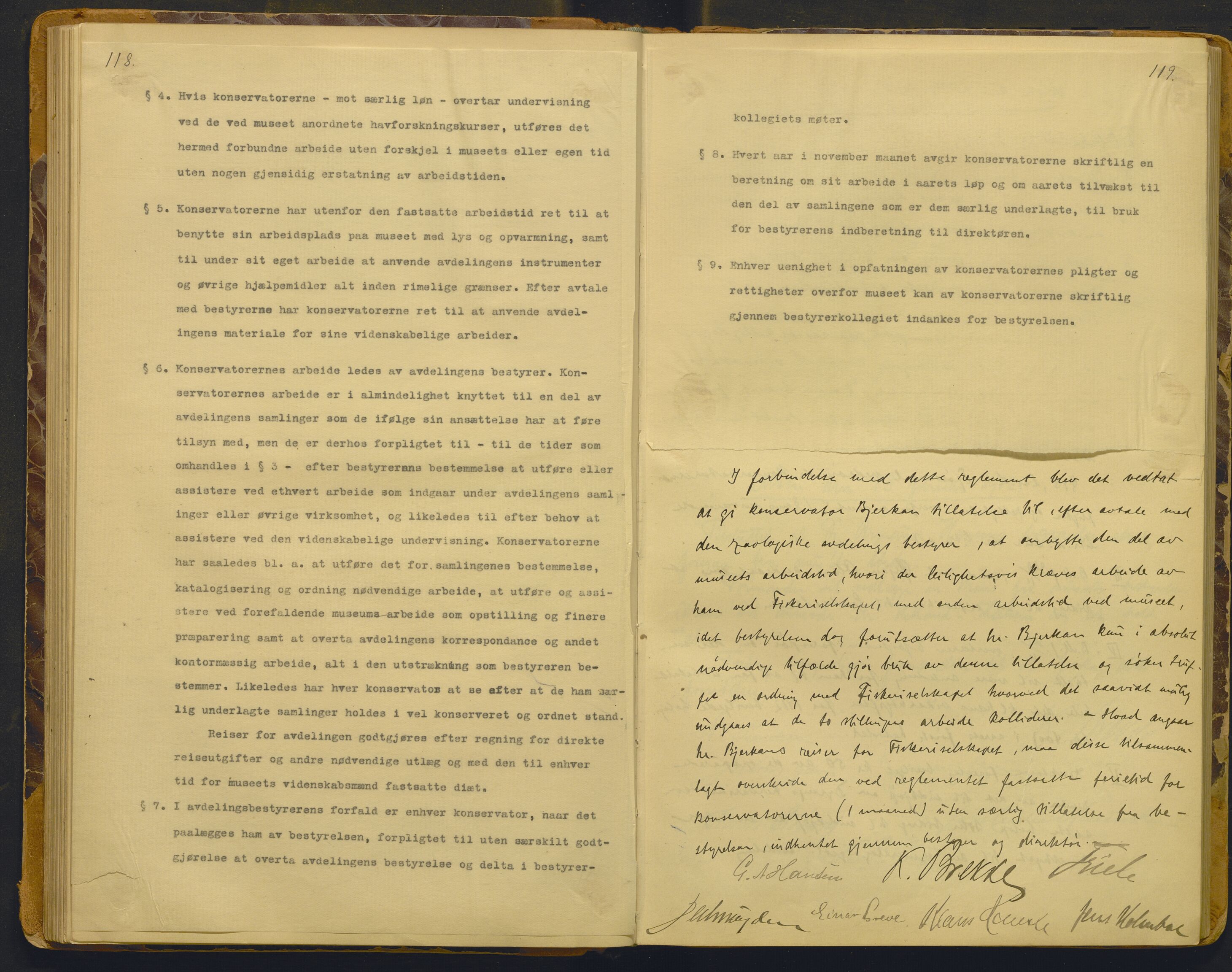 Bergens Museum, AV/SAB-A-17301/02/A/L0008: Forhandlingsprotokoll med register , 1906-1927, p. 118-119