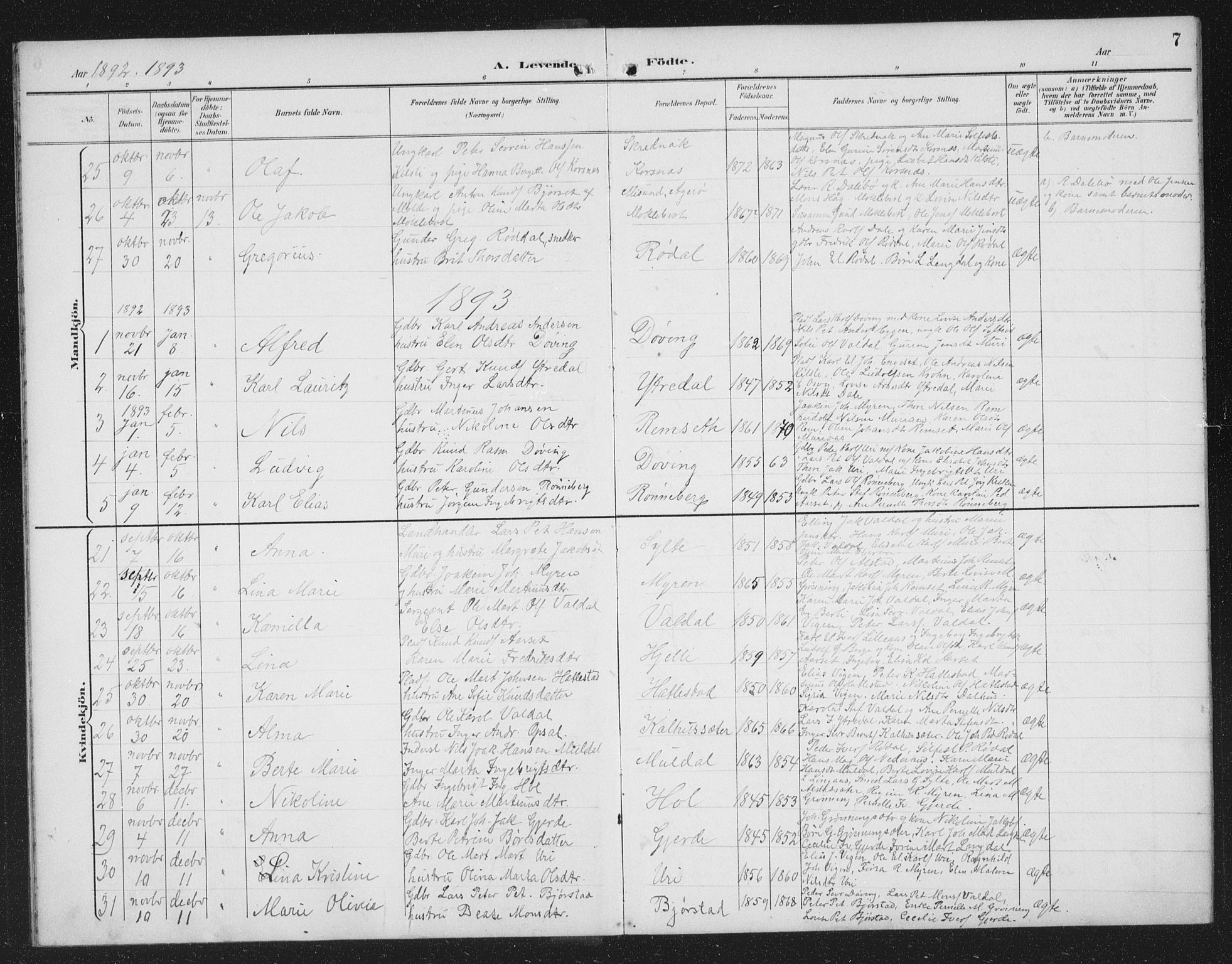 Ministerialprotokoller, klokkerbøker og fødselsregistre - Møre og Romsdal, SAT/A-1454/519/L0264: Parish register (copy) no. 519C05, 1892-1910, p. 7