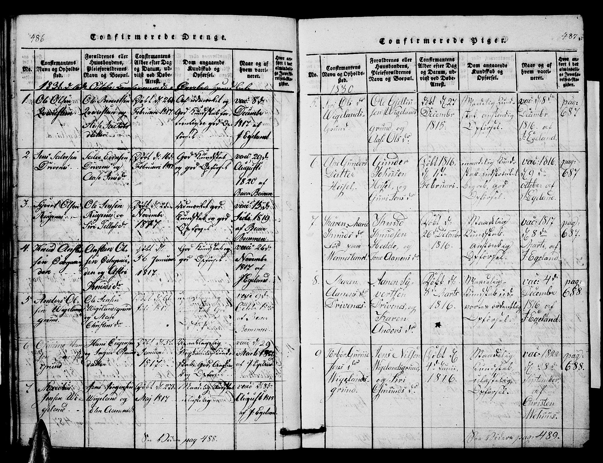 Vennesla sokneprestkontor, AV/SAK-1111-0045/Fb/Fbb/L0001: Parish register (copy) no. B 1, 1820-1834, p. 486-487